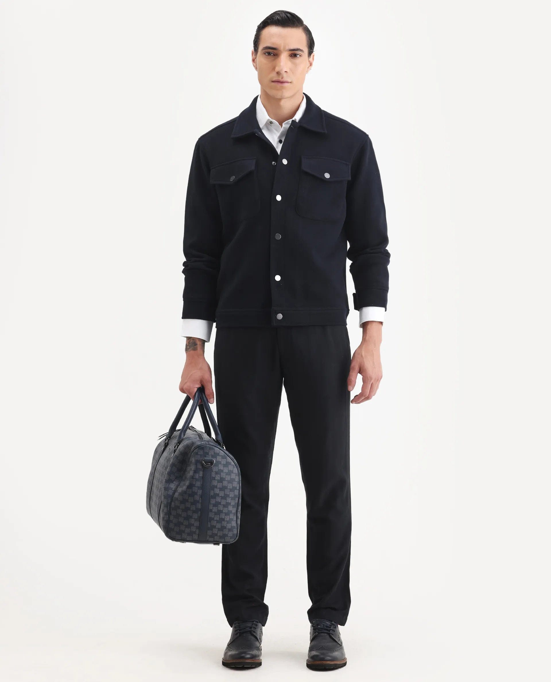 RARE Rabbit Men's Tweedo - 25 Navy Olyester Textured Relaxed Fit Full Sleeve Spread Collar Jacket