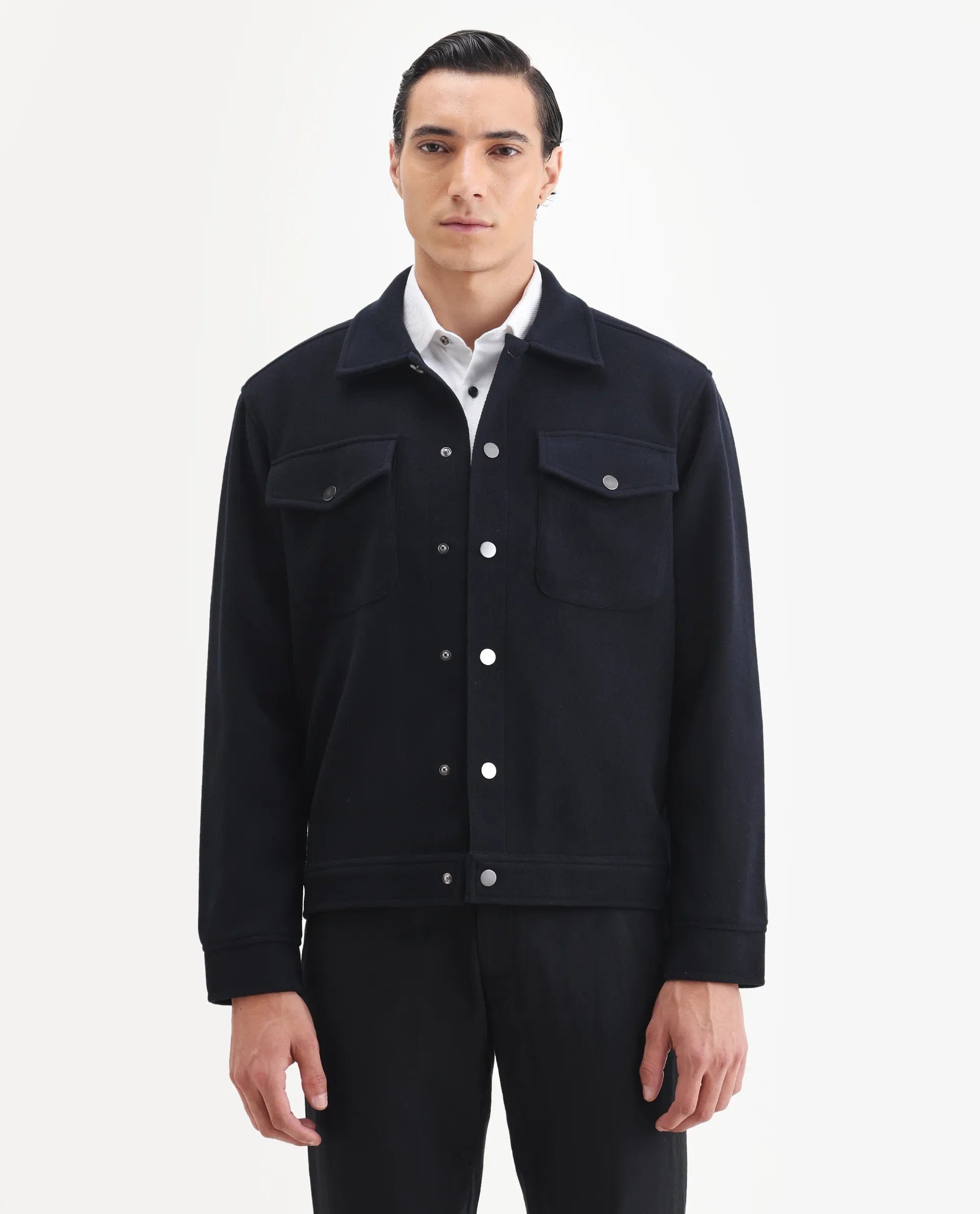 RARE Rabbit Men's Tweedo - 25 Navy Olyester Textured Relaxed Fit Full Sleeve Spread Collar Jacket