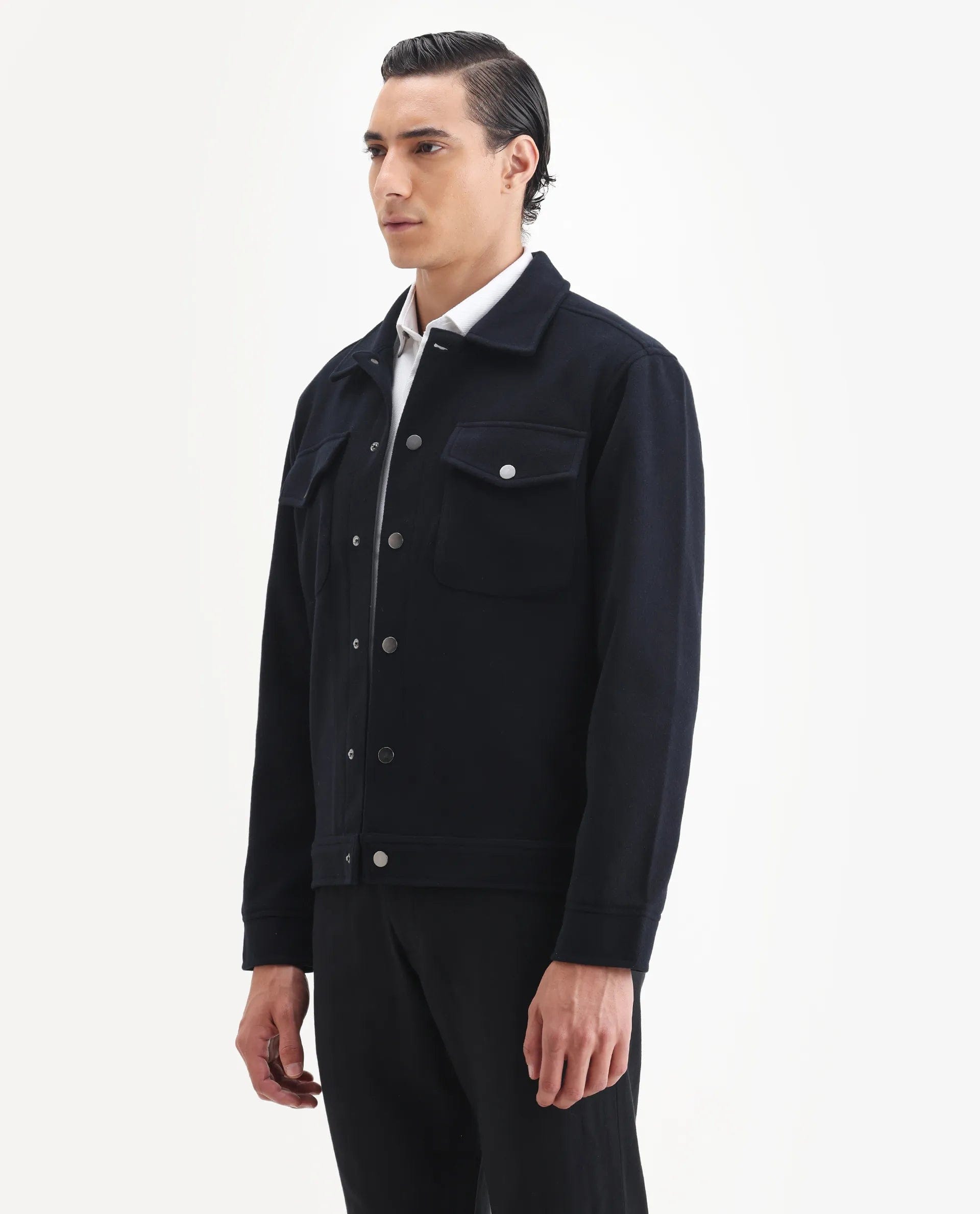RARE Rabbit Men's Tweedo - 25 Navy Olyester Textured Relaxed Fit Full Sleeve Spread Collar Jacket