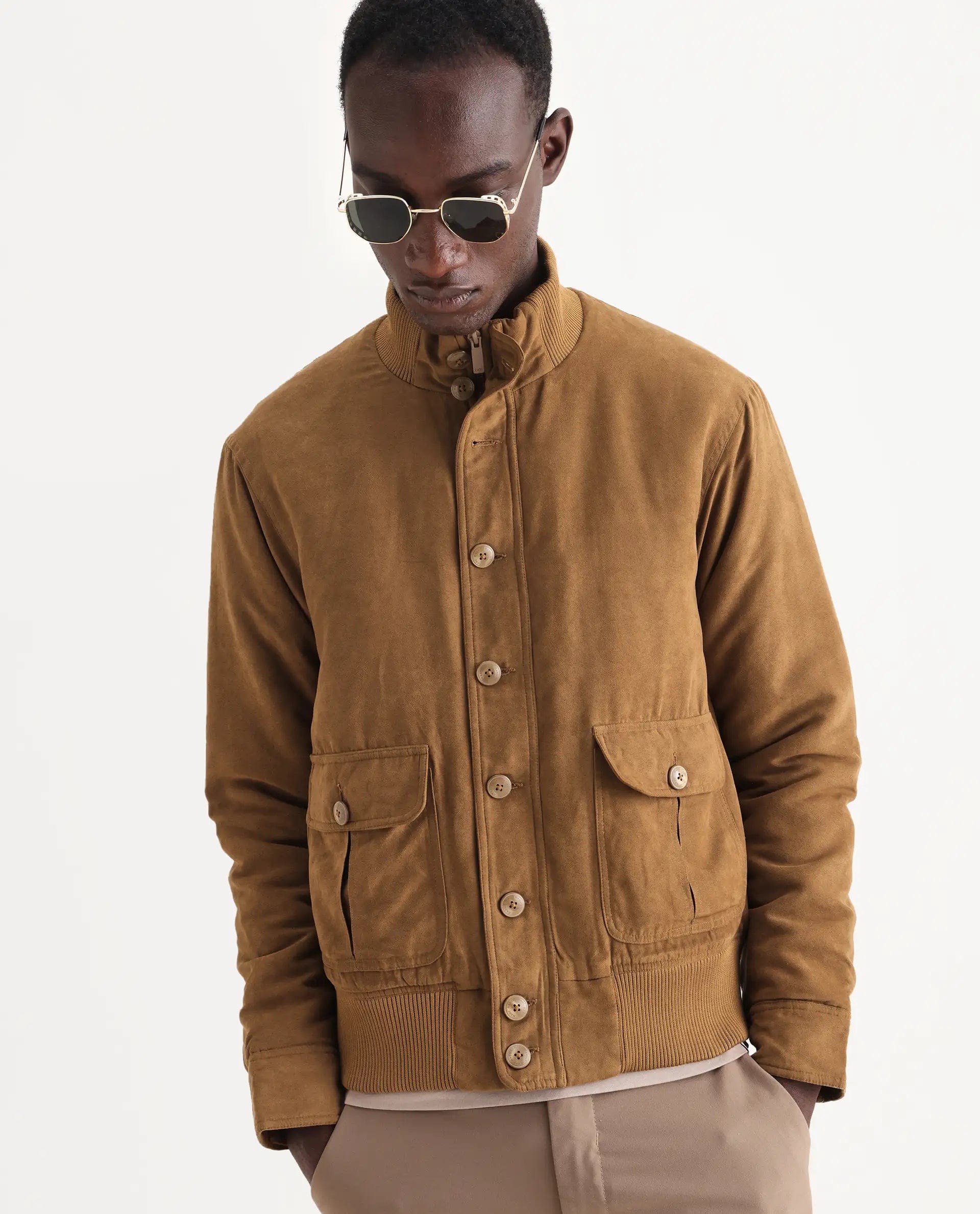 RARE Rabbit Men's Deue Brown Polyester Plain Regular Fit Full Sleeve Ribbed Collar Jacket