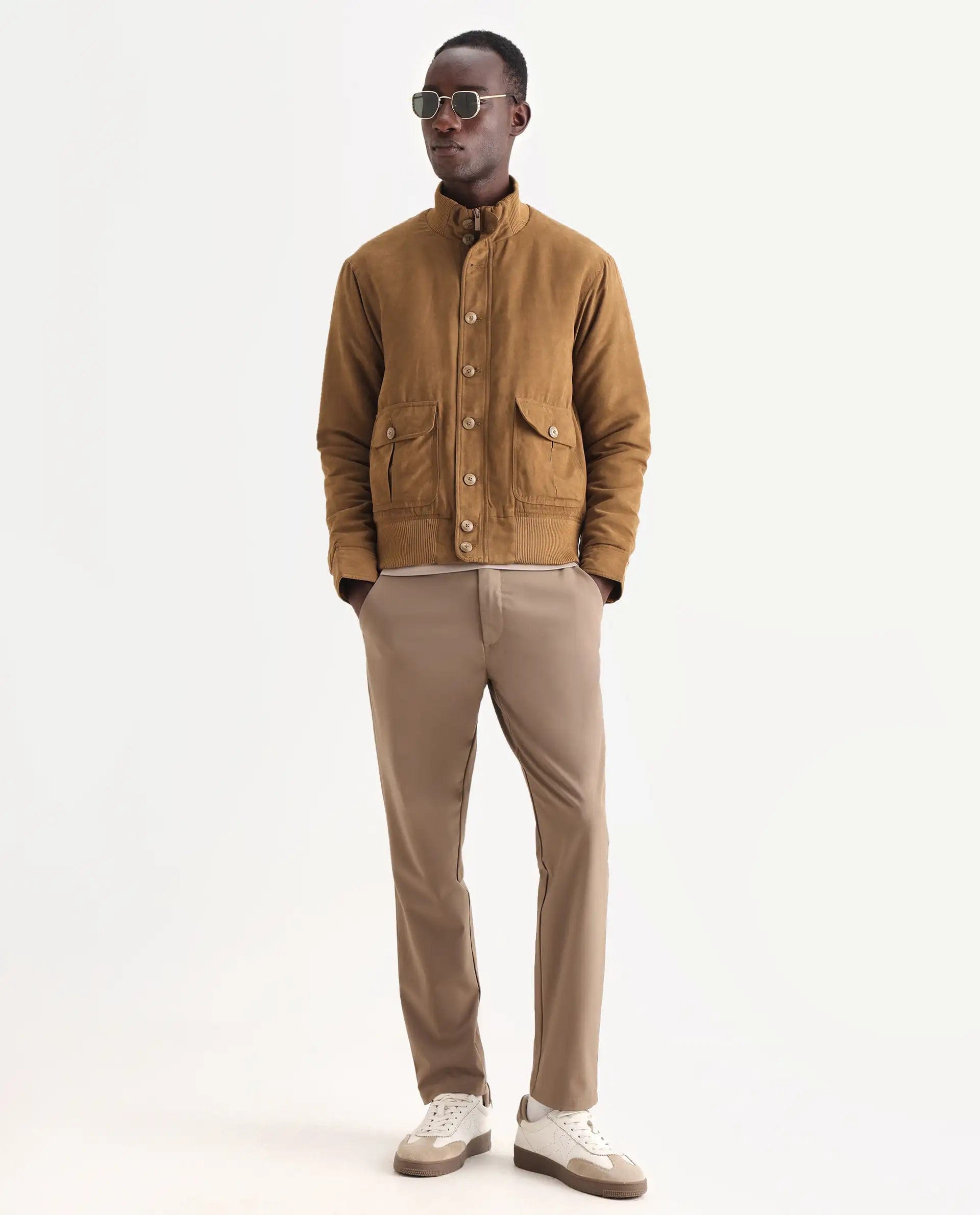 RARE Rabbit Men's Deue Brown Polyester Plain Regular Fit Full Sleeve Ribbed Collar Jacket