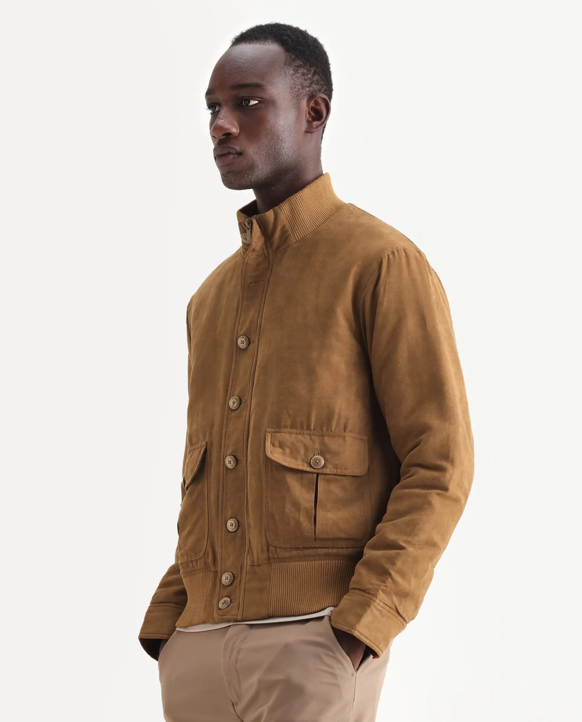 RARE Rabbit Men's Deue Brown Polyester Plain Regular Fit Full Sleeve Ribbed Collar Jacket