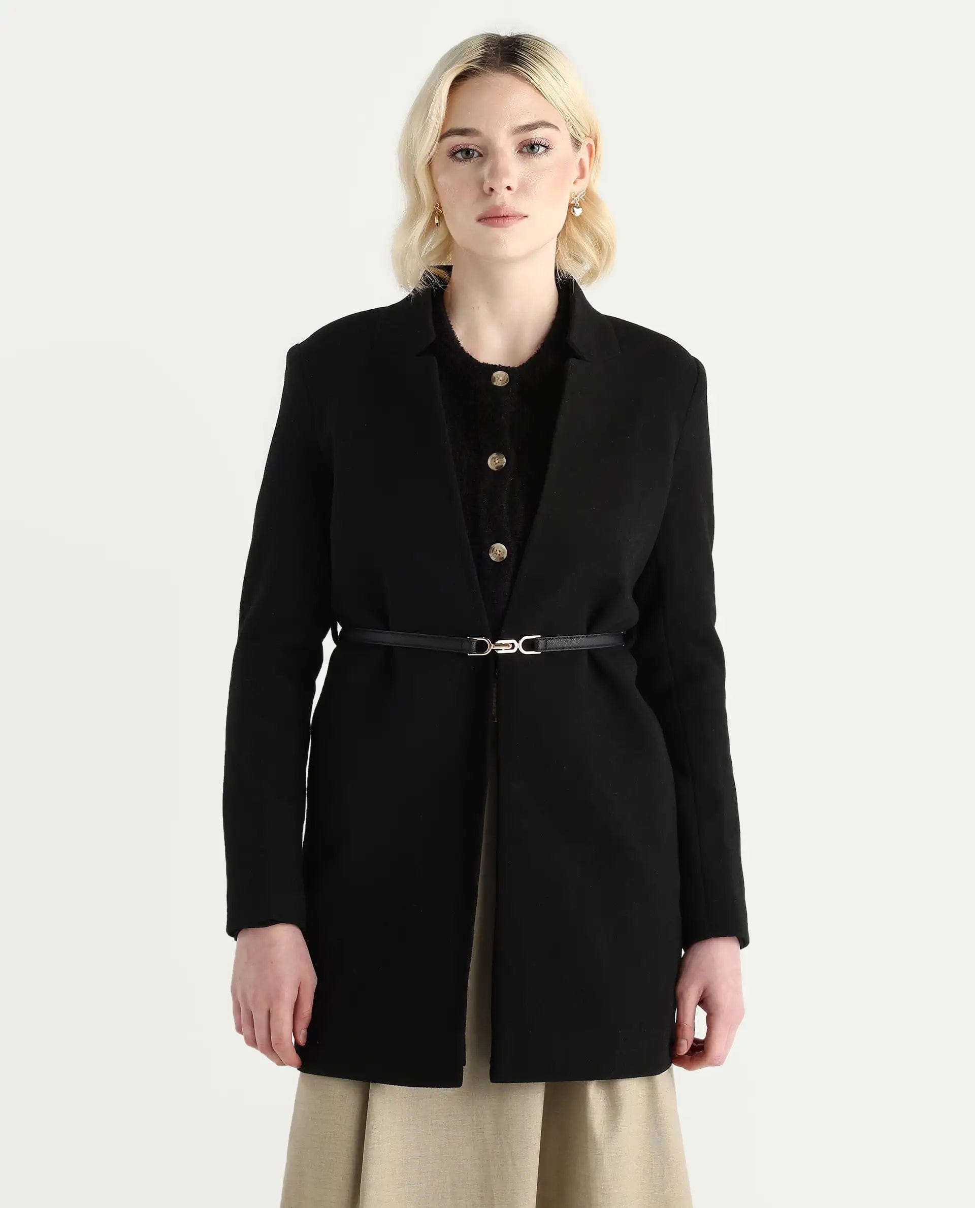 Rareism Women's Nexmario Black Polyester Blend Collared Neck Coat Fit Coat