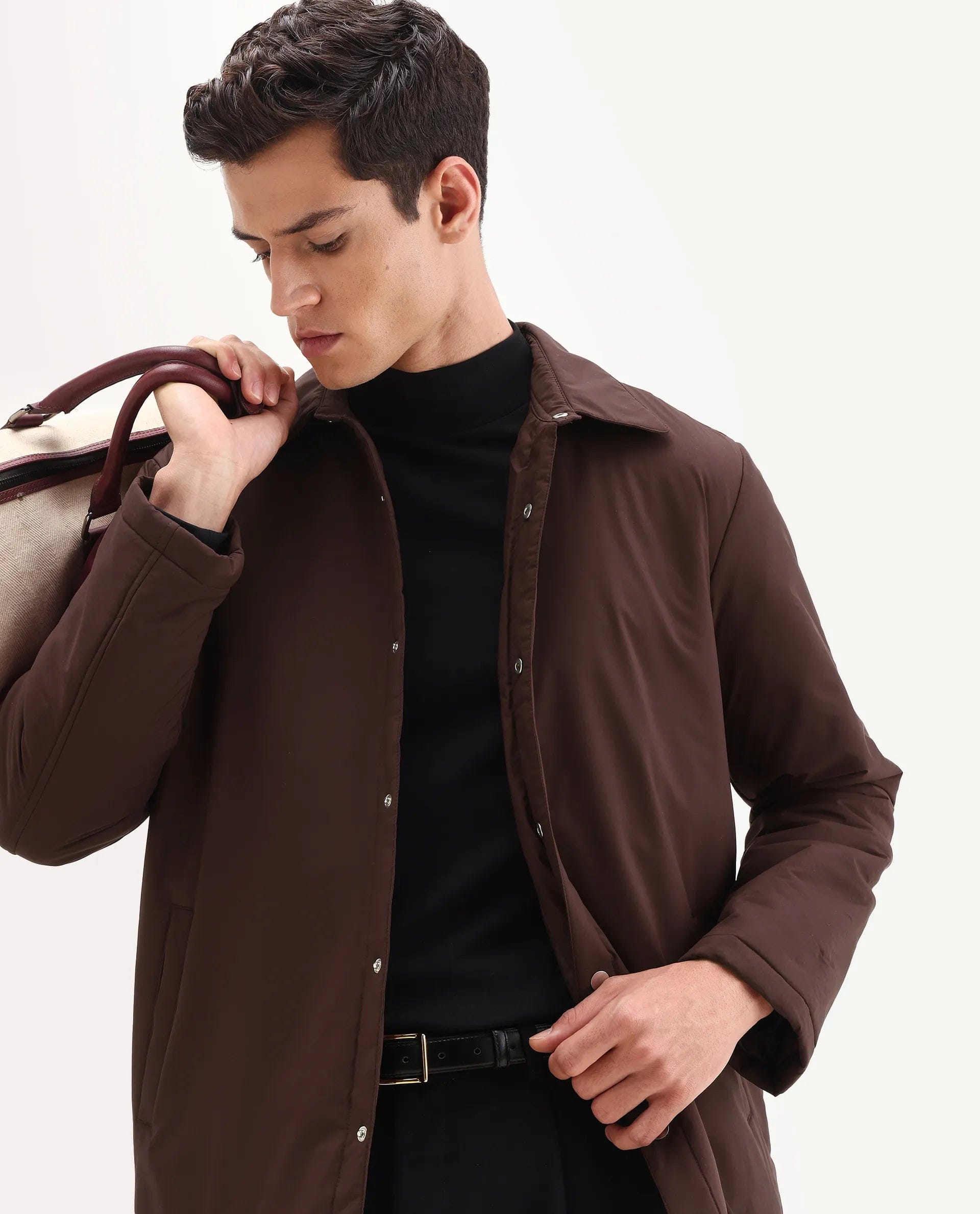 RARE Rabbit Men's Olva Maroon Polyester Fabric Collared Neck Regular Plain Jacket