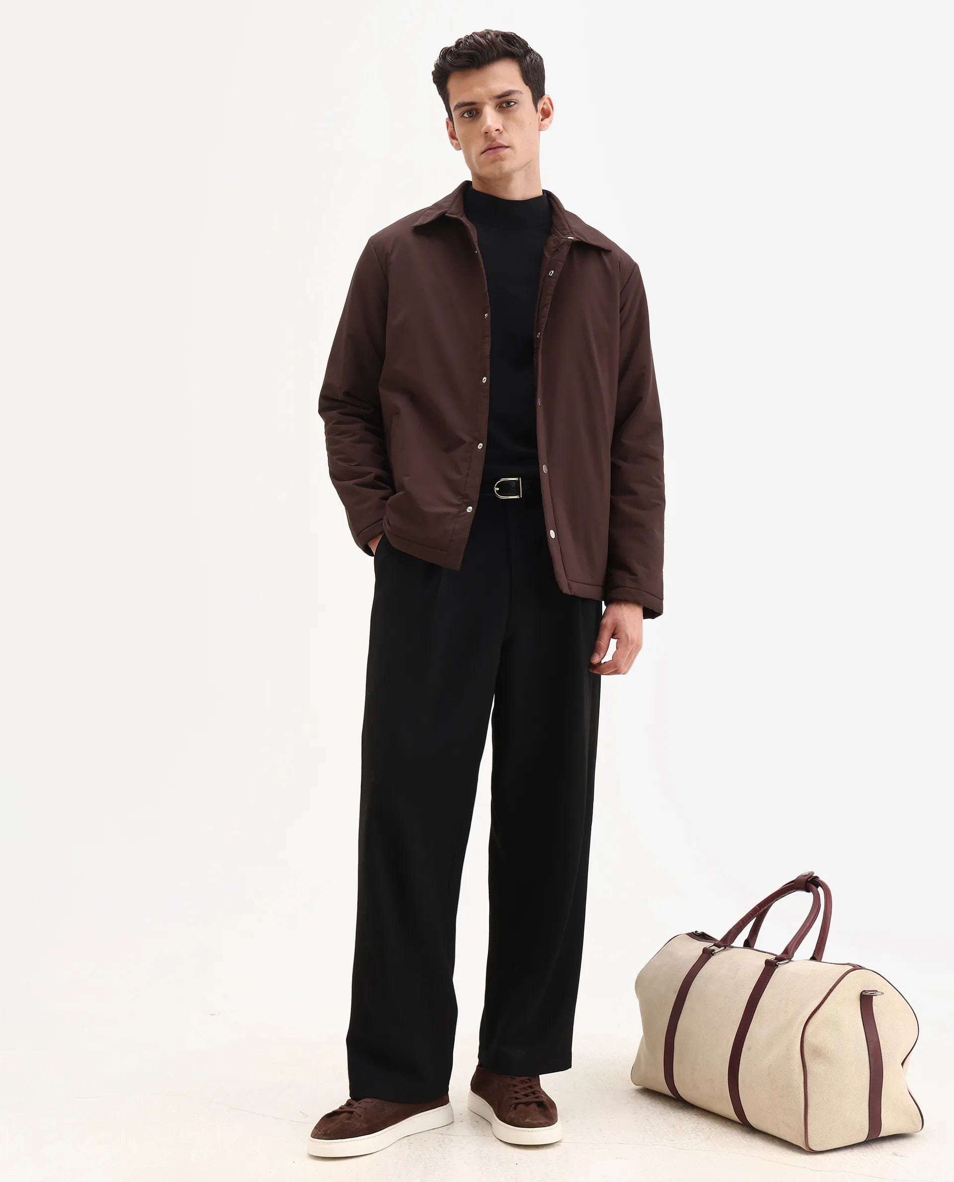 RARE Rabbit Men's Olva Maroon Polyester Fabric Collared Neck Regular Plain Jacket