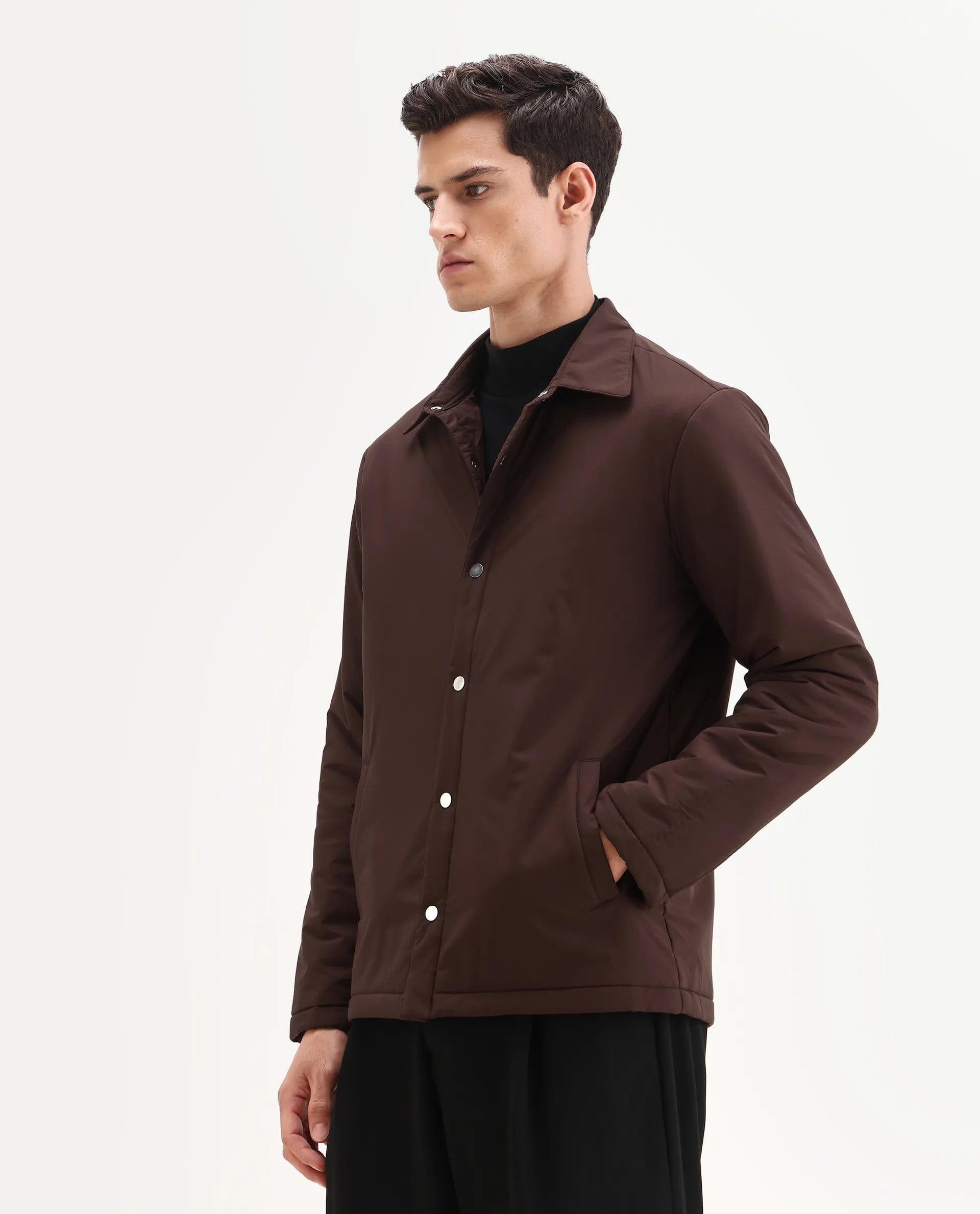RARE Rabbit Men's Olva Maroon Polyester Fabric Collared Neck Regular Plain Jacket