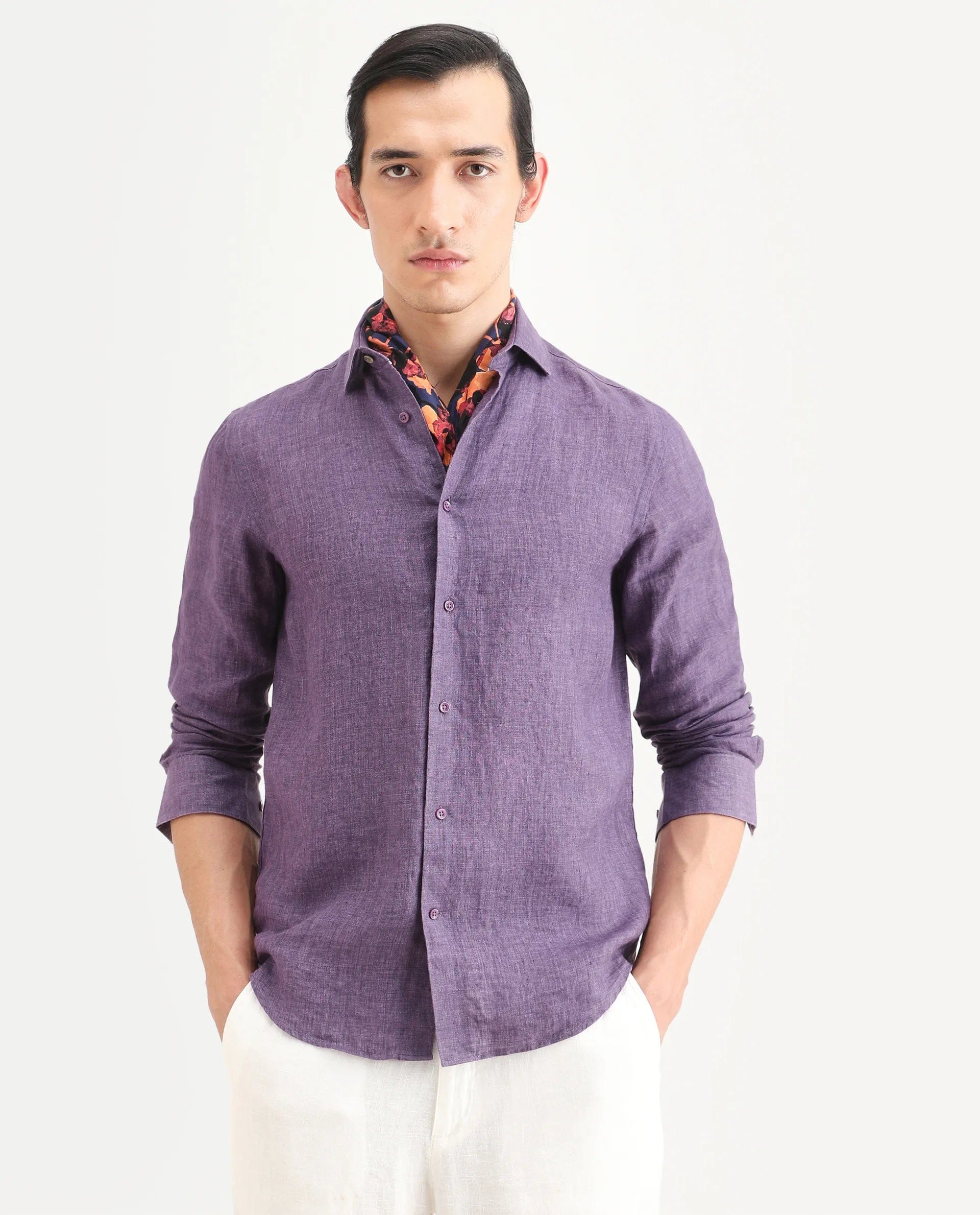 RARE Rabbit Men's Borium - 25 Purple 100% Linen Fabric Spread Collar Regular Fit Plain Shirt