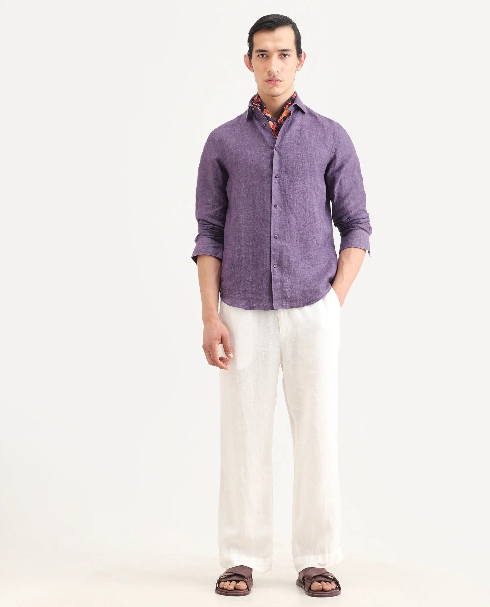 RARE Rabbit Men's Borium - 25 Purple 100% Linen Fabric Spread Collar Regular Fit Plain Shirt