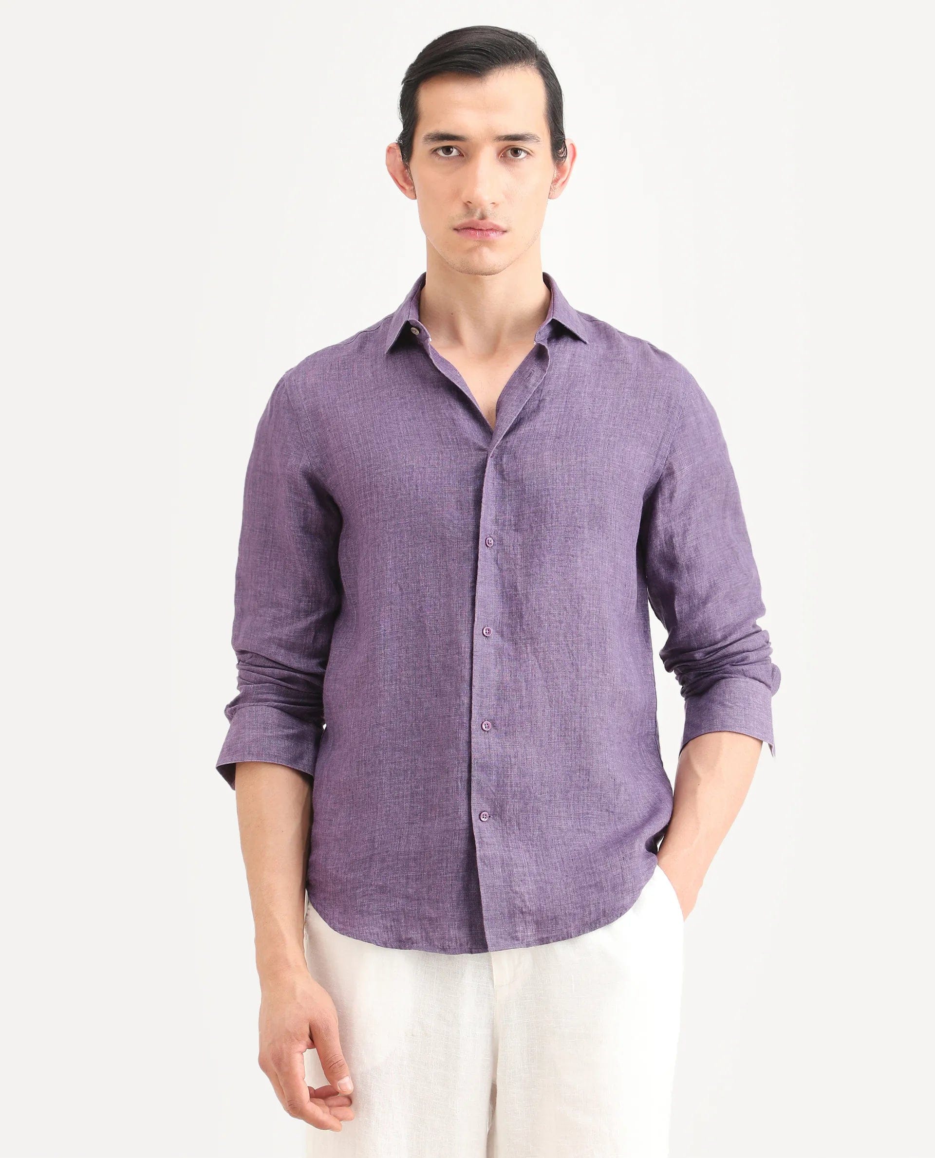 RARE Rabbit Men's Borium - 25 Purple 100% Linen Fabric Spread Collar Regular Fit Plain Shirt
