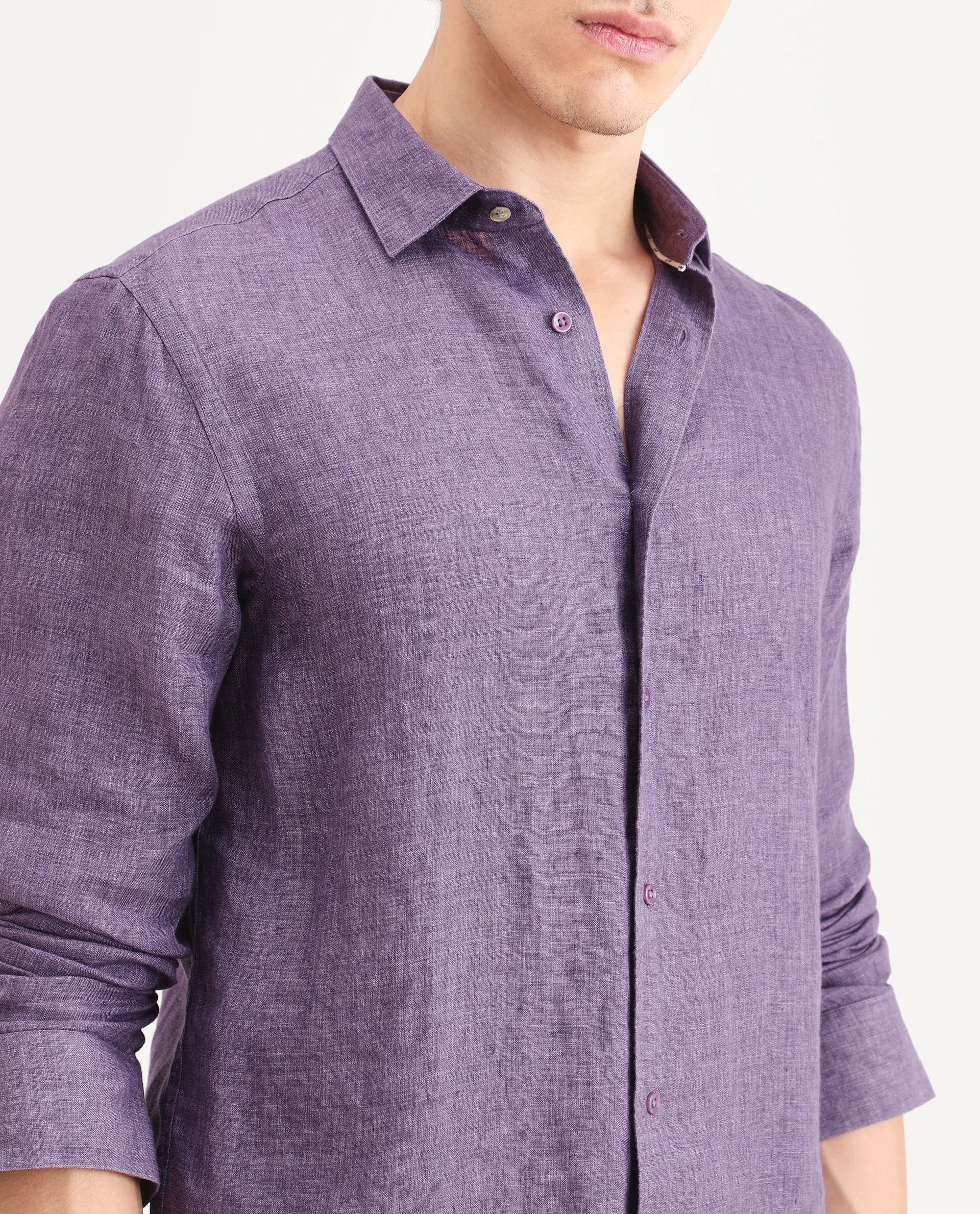 RARE Rabbit Men's Borium - 25 Purple 100% Linen Fabric Spread Collar Regular Fit Plain Shirt