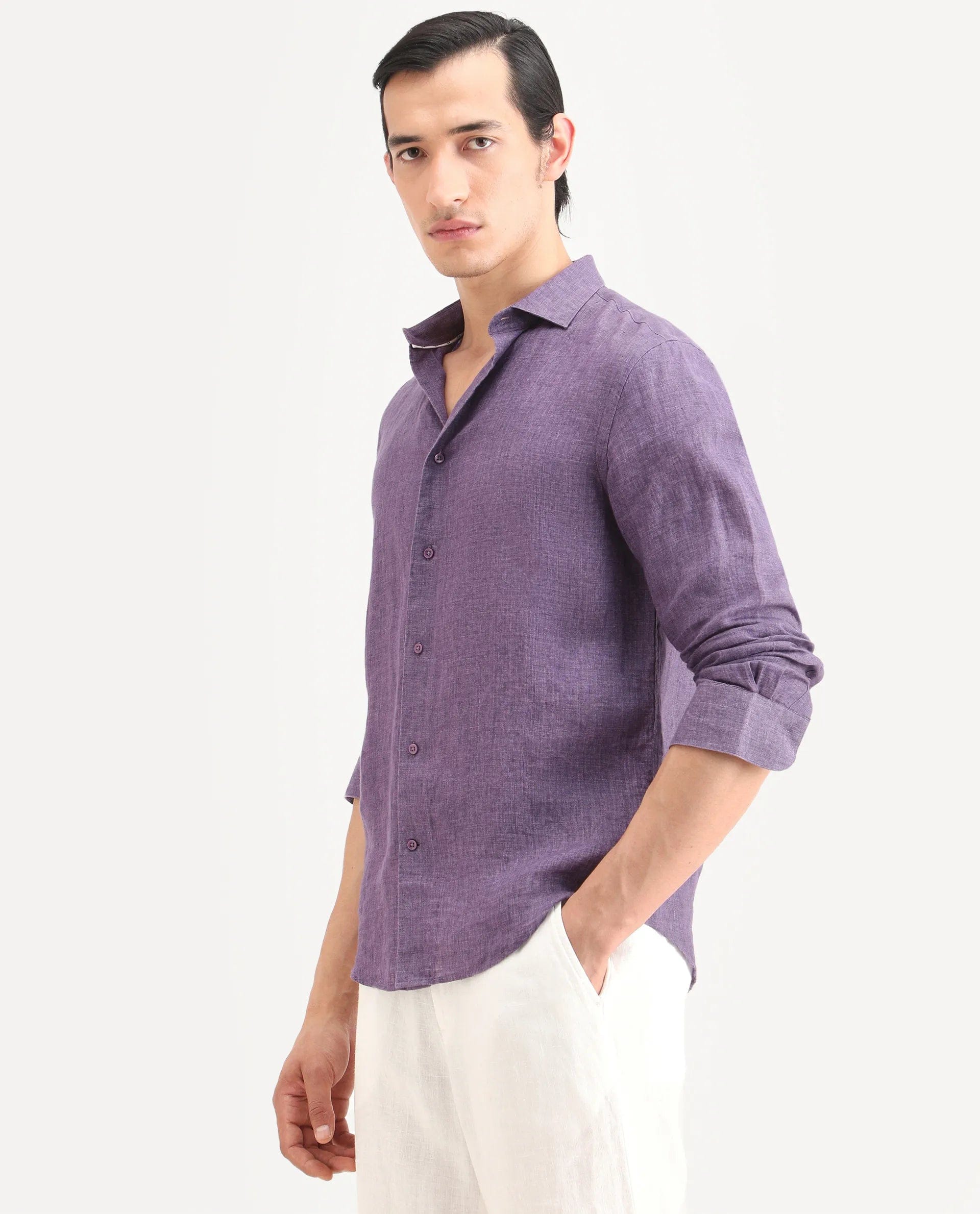 RARE Rabbit Men's Borium - 25 Purple 100% Linen Fabric Spread Collar Regular Fit Plain Shirt