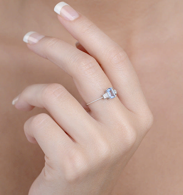 Diamond Blue Topaz 6 x 4 mm And Diamond Ring 9K White Gold