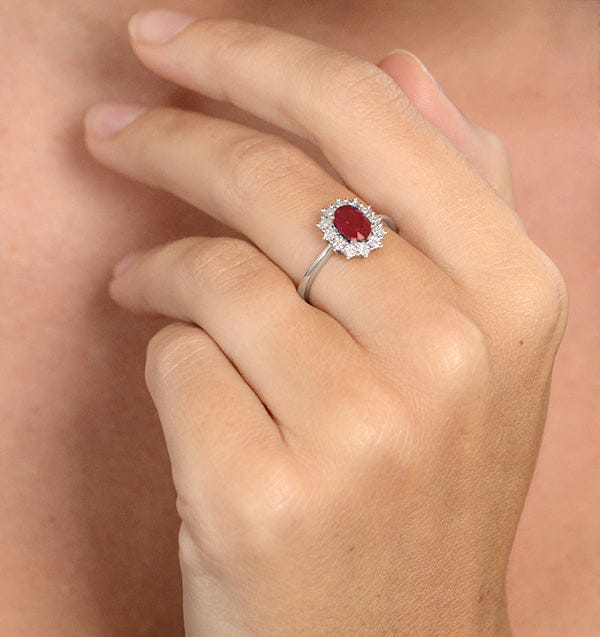 Diamond Ruby Ring With Lab Diamond Halo 7 x 5 mm Set in 925 Silver