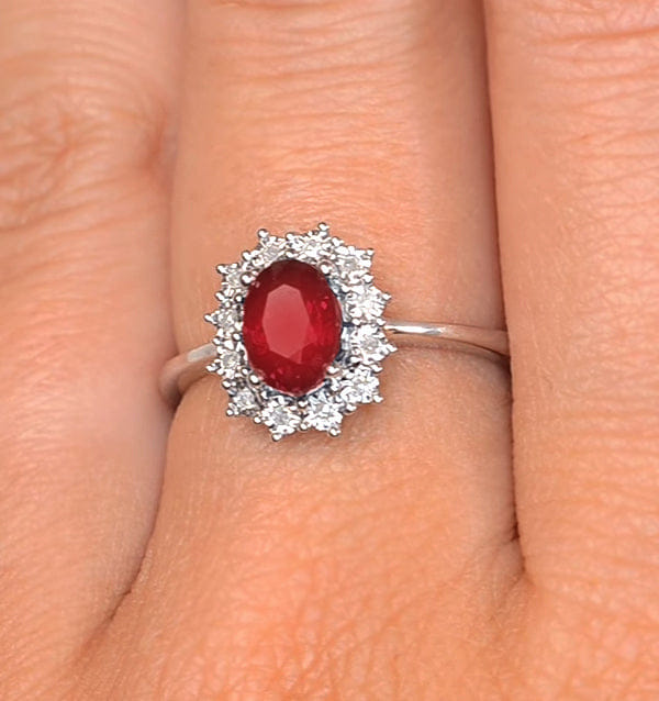 Diamond Ruby Ring With Lab Diamond Halo 7 x 5 mm Set in 925 Silver