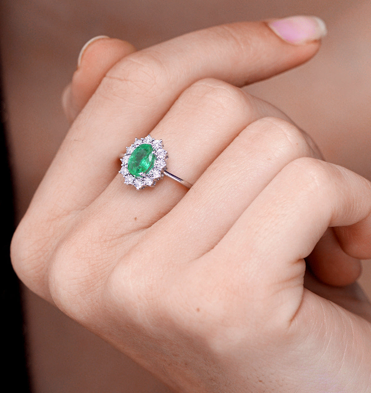 Diamond Emerald Ring With Lab Diamond Halo 7 x 5 mm Set in 925 Silver