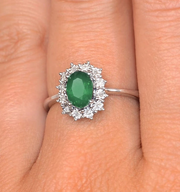 Diamond Emerald Ring With Lab Diamond Halo 7 x 5 mm Set in 925 Silver