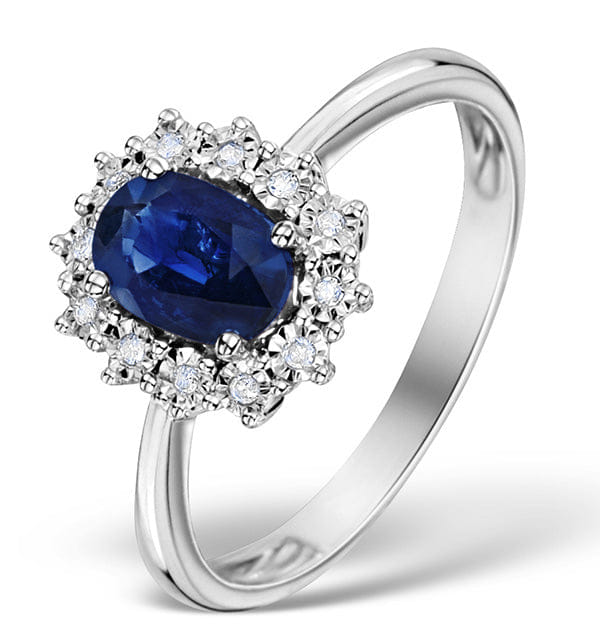 Diamond Sapphire Ring With Lab Diamond Halo 7 x 5 mm Set in 925 Silver