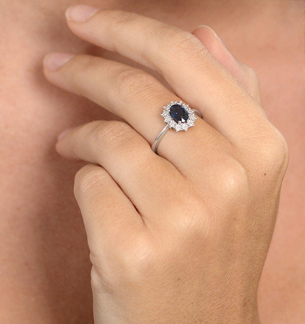 Diamond Sapphire Ring With Lab Diamond Halo 7 x 5 mm Set in 925 Silver