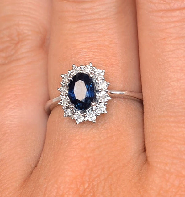 Diamond Sapphire Ring With Lab Diamond Halo 7 x 5 mm Set in 925 Silver