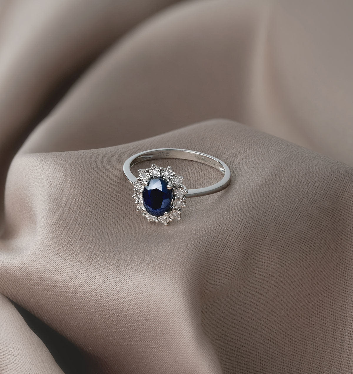 Diamond Sapphire Ring With Lab Diamond Halo 7 x 5 mm Set in 925 Silver