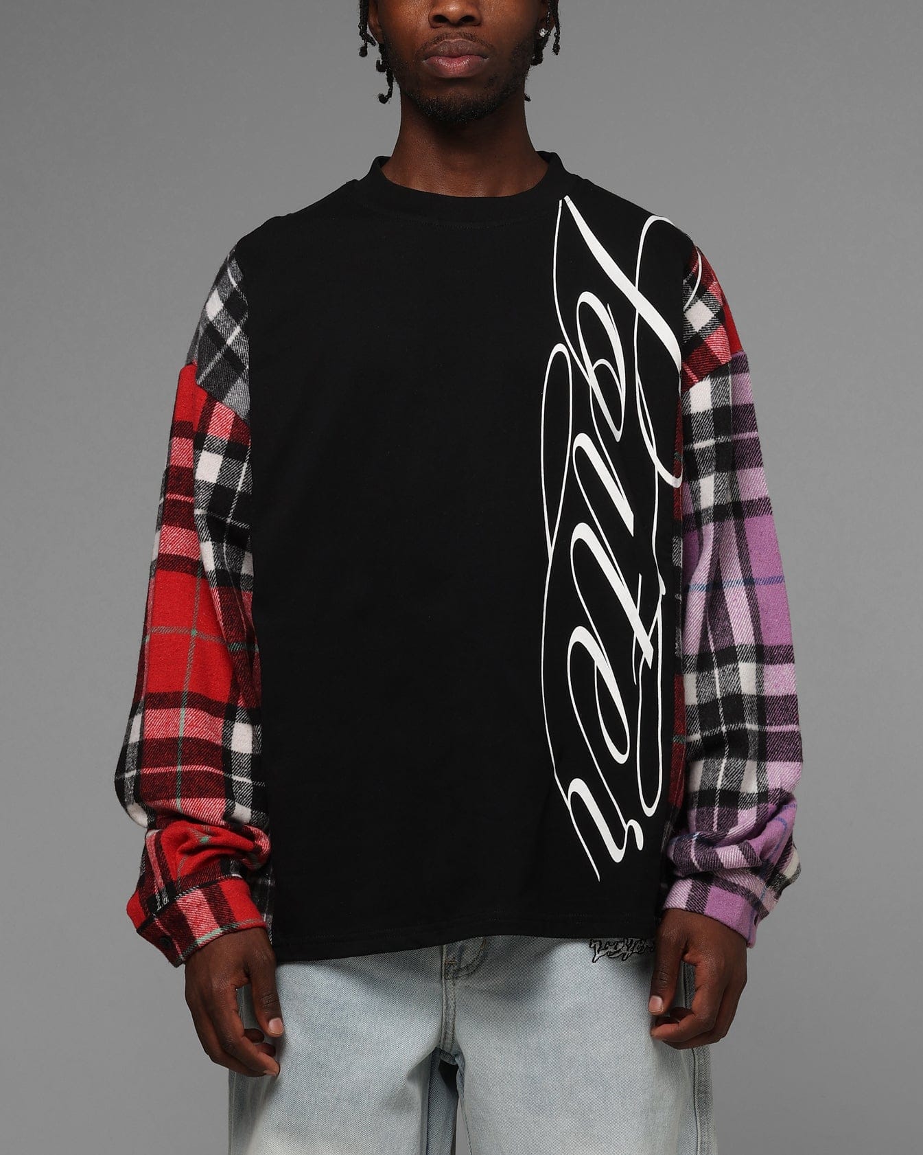 Loiter Script Flannel Long Sleeve T - Shirt Black
