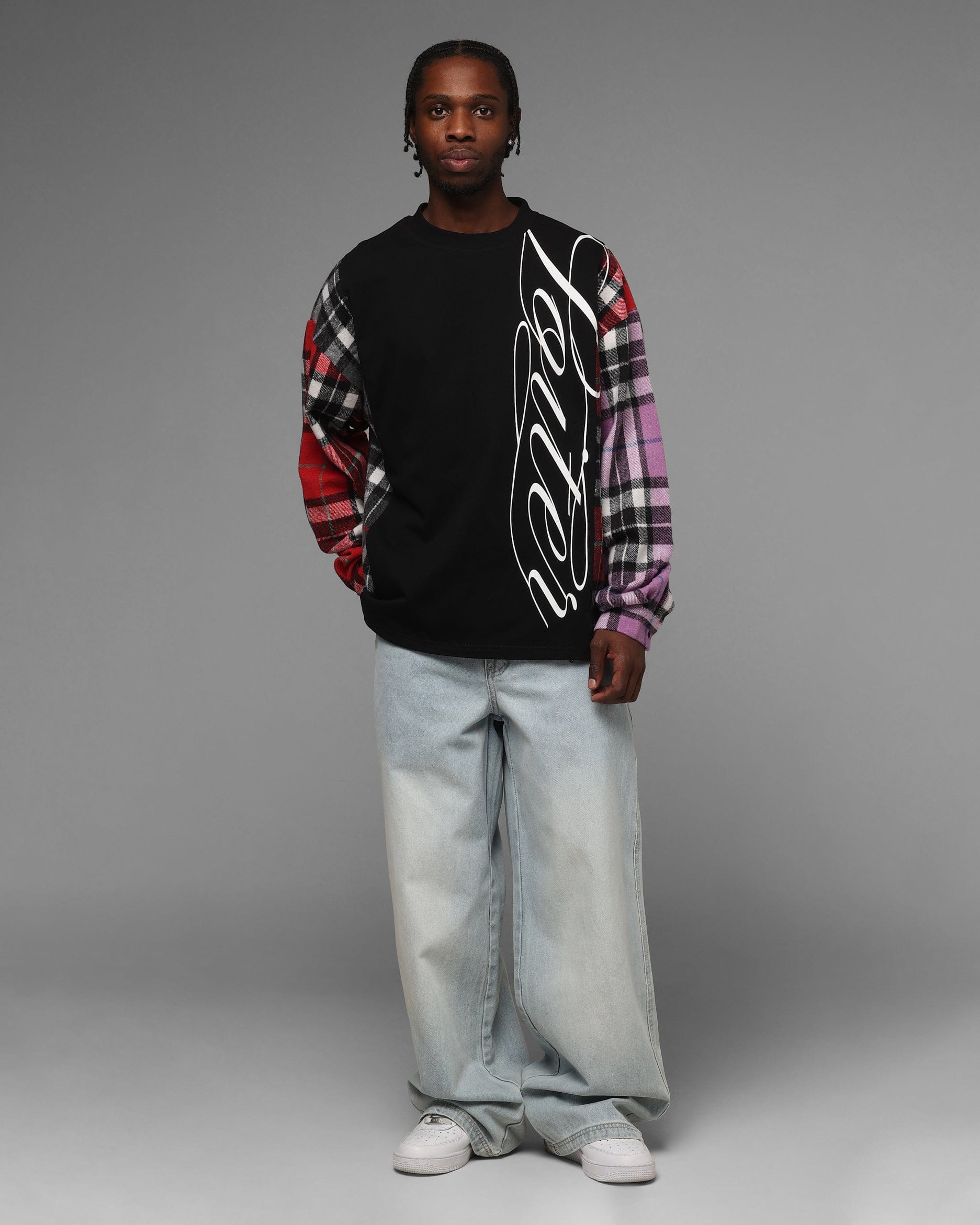 Loiter Script Flannel Long Sleeve T - Shirt Black
