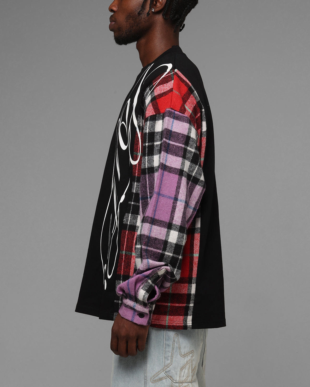 Loiter Script Flannel Long Sleeve T - Shirt Black