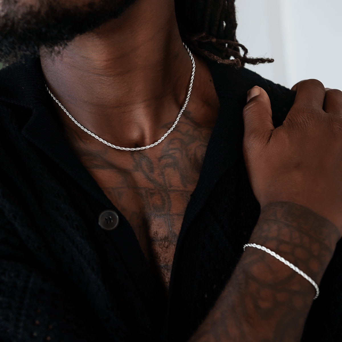 GLD Men Rope Chain + Bracelet Bundle in White Gold - 2 mm