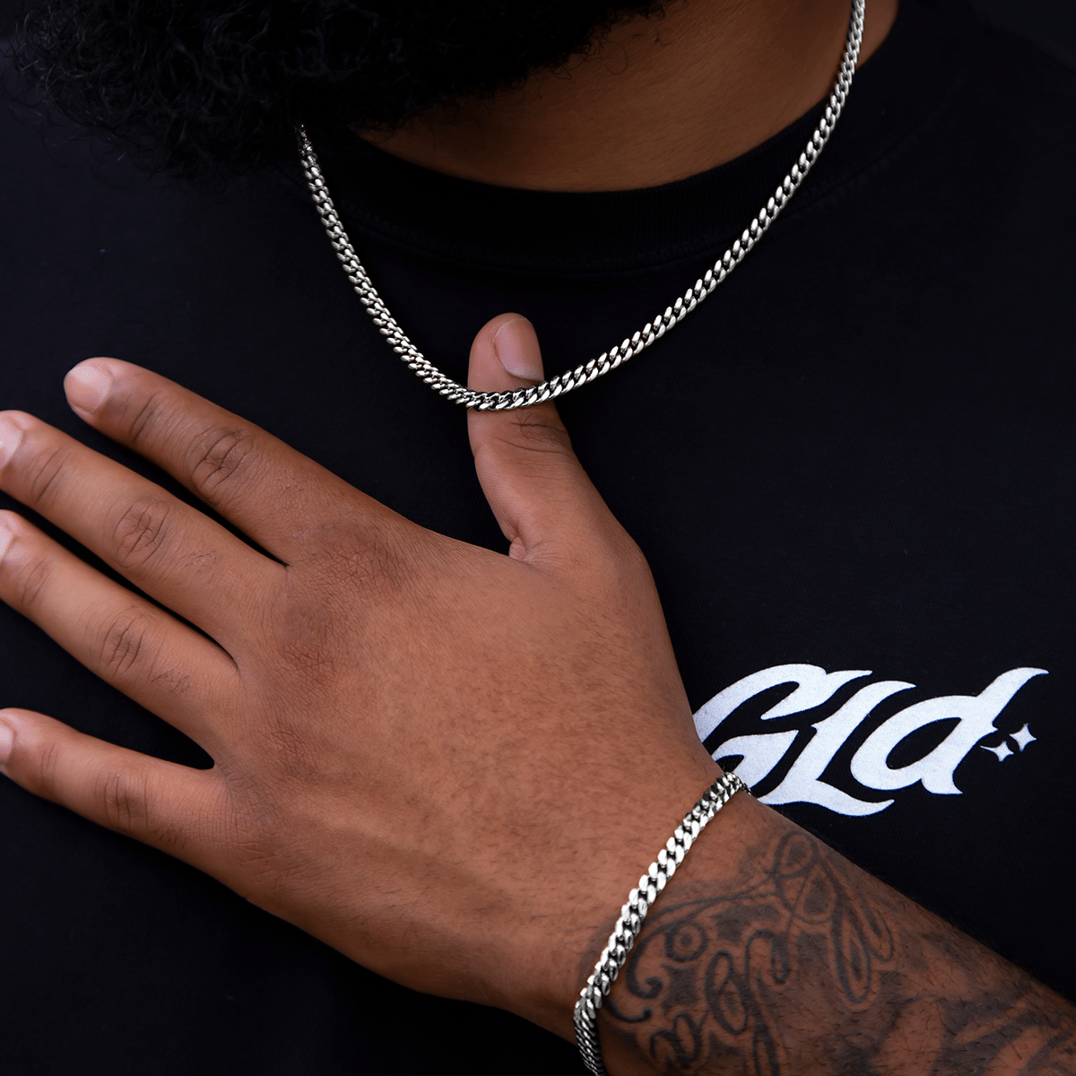 GLD Men 5 mm Cuban Chain + Bracelet Bundle - White Gold