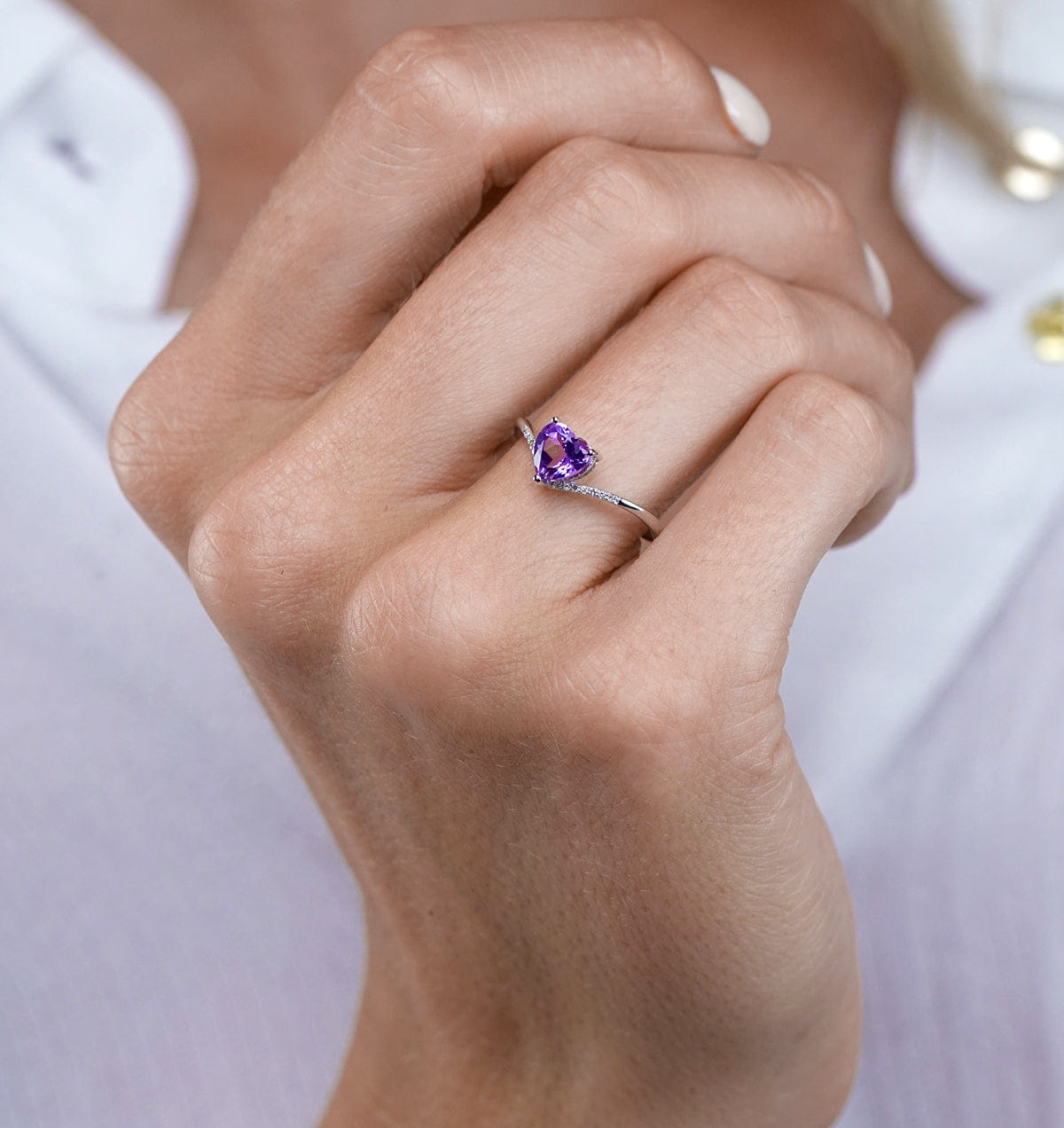 Diamond Heart Amethyst and Diamond Stellato Ring in 9K White Gold