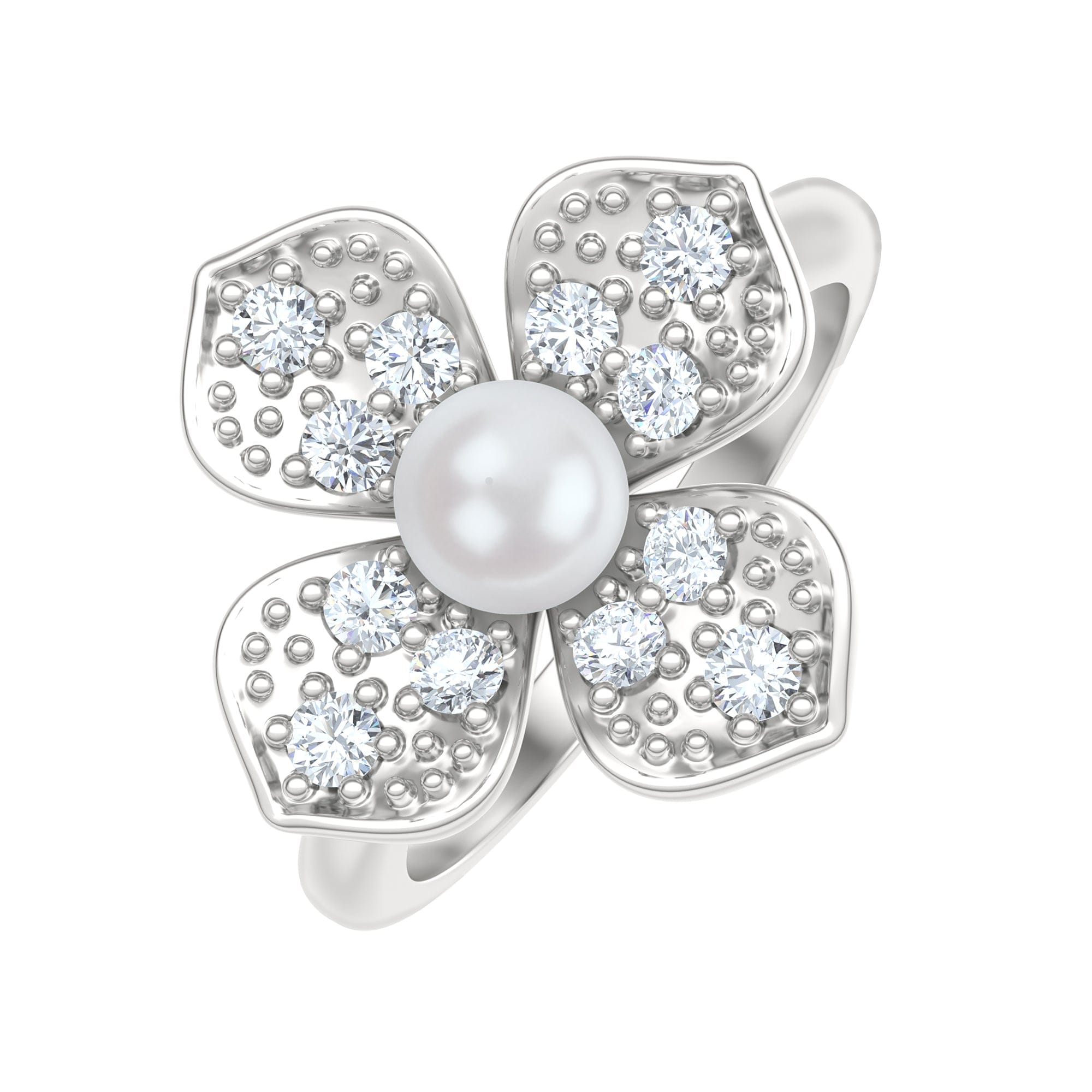Diamond Eden 3 mm Round Pearl and Lab Diamond Floral Ring in Sterling Silver