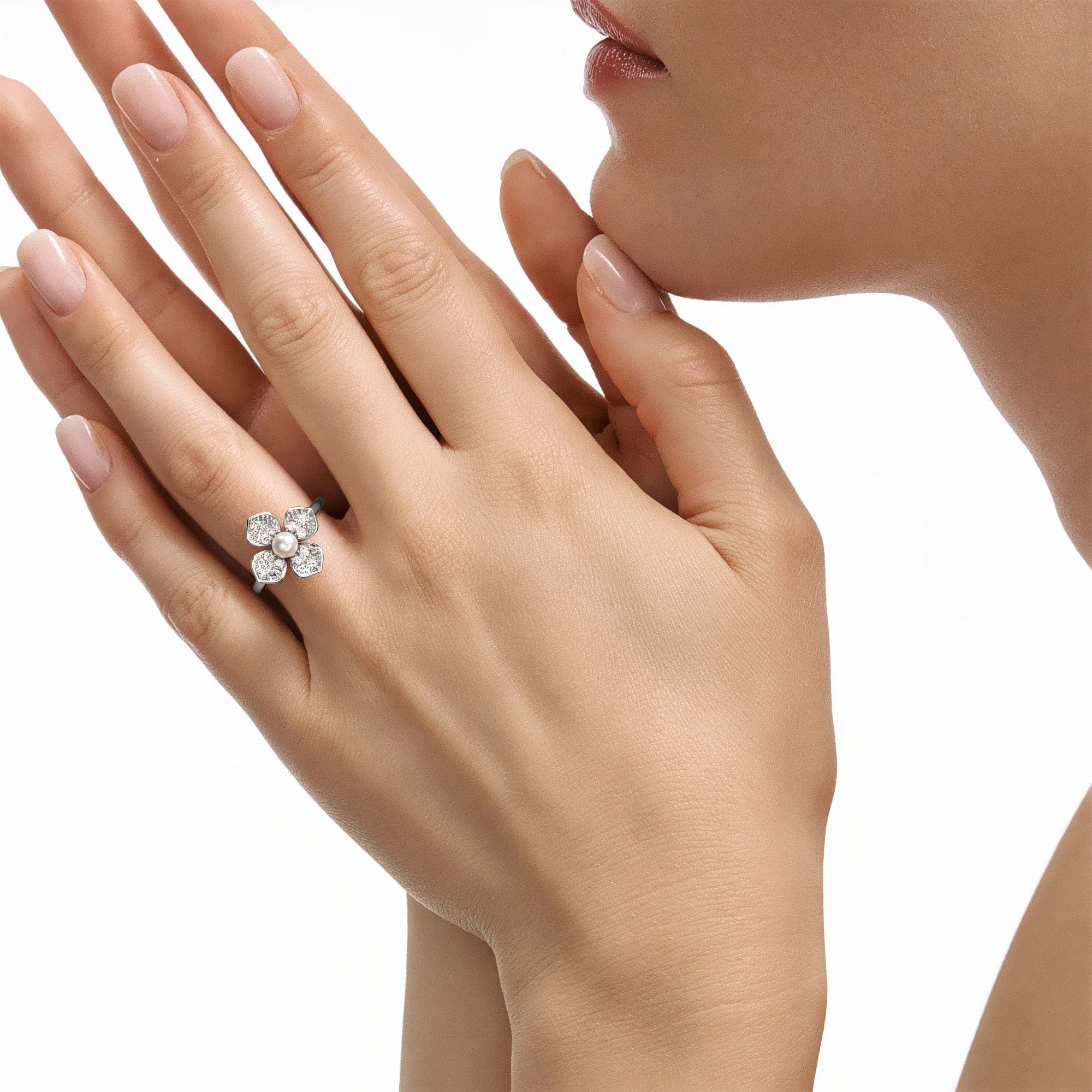 Diamond Eden 3 mm Round Pearl and Lab Diamond Floral Ring in Sterling Silver