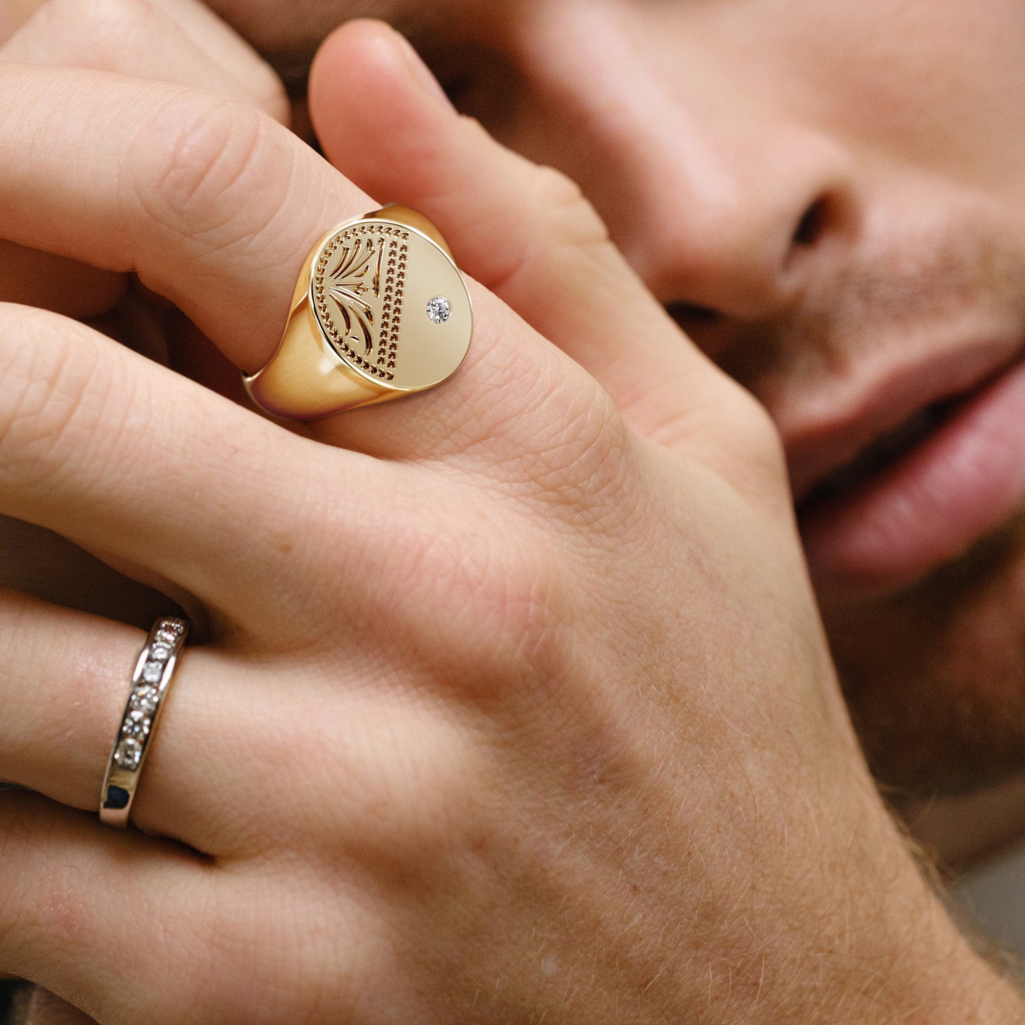 Diamond Crest 0.03ct Lab Diamond Men's Oval Signet Ring in 18K Yellow Gold Vermeil