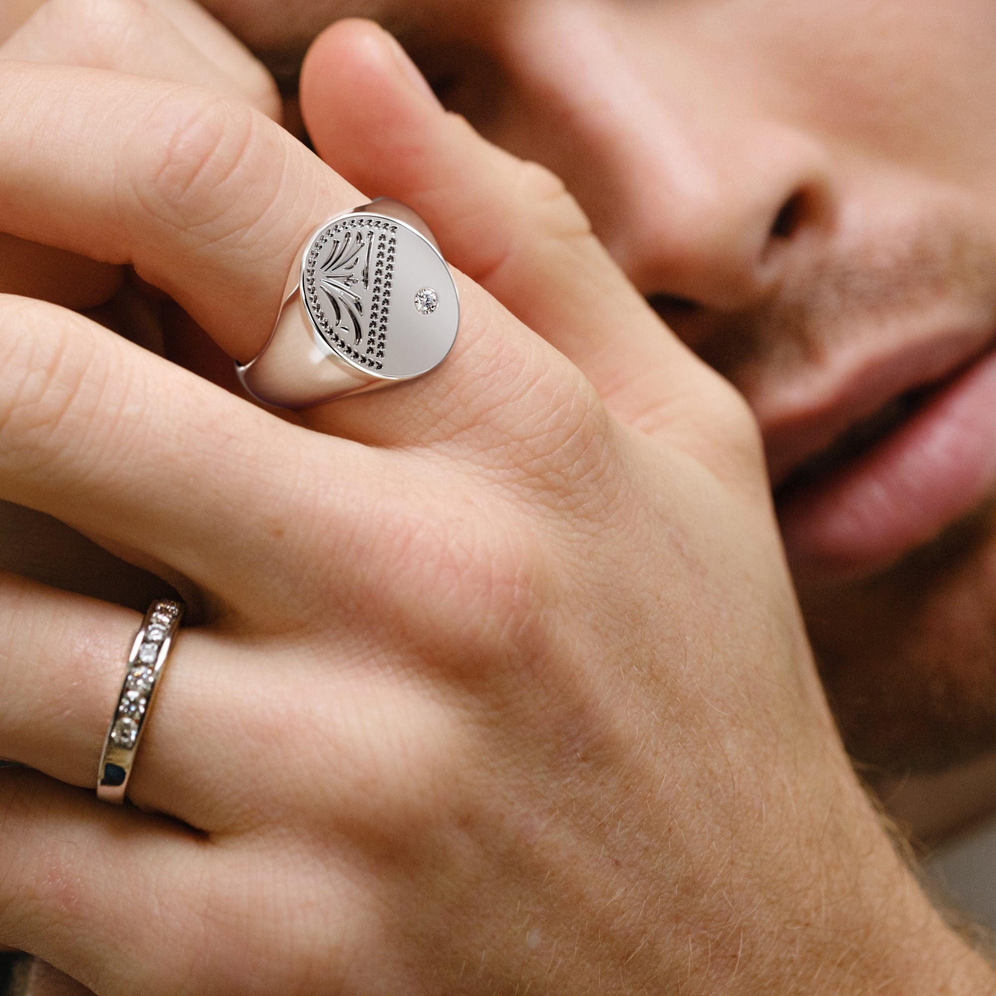 Diamond Crest 0.03ct Lab Diamond Men's Oval Signet Ring in Sterling Silver