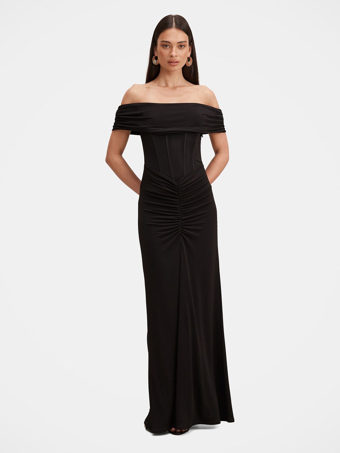 Forever New Ania Ruched Bardot Maxi Dress Black