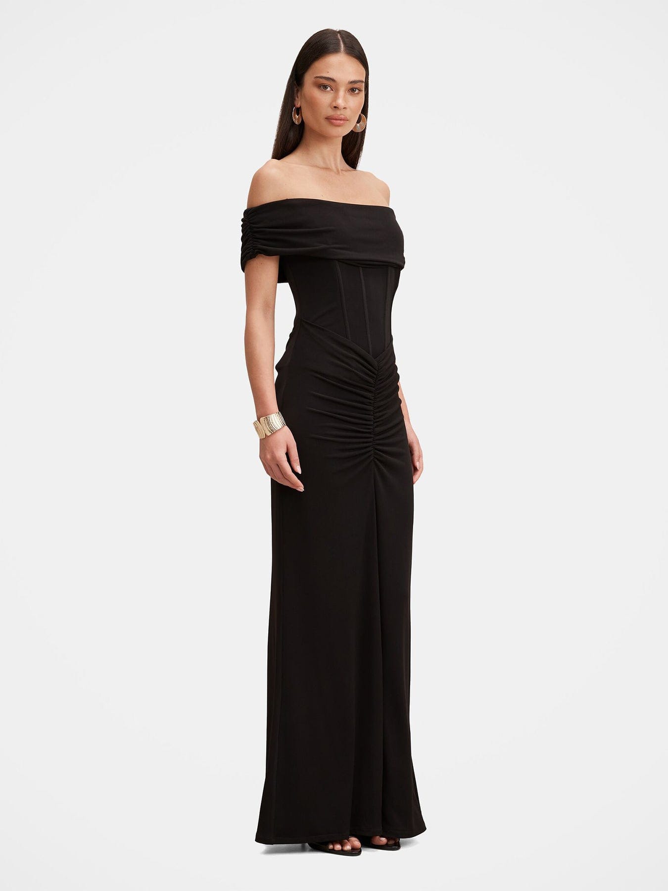 Forever New Ania Ruched Bardot Maxi Dress Black