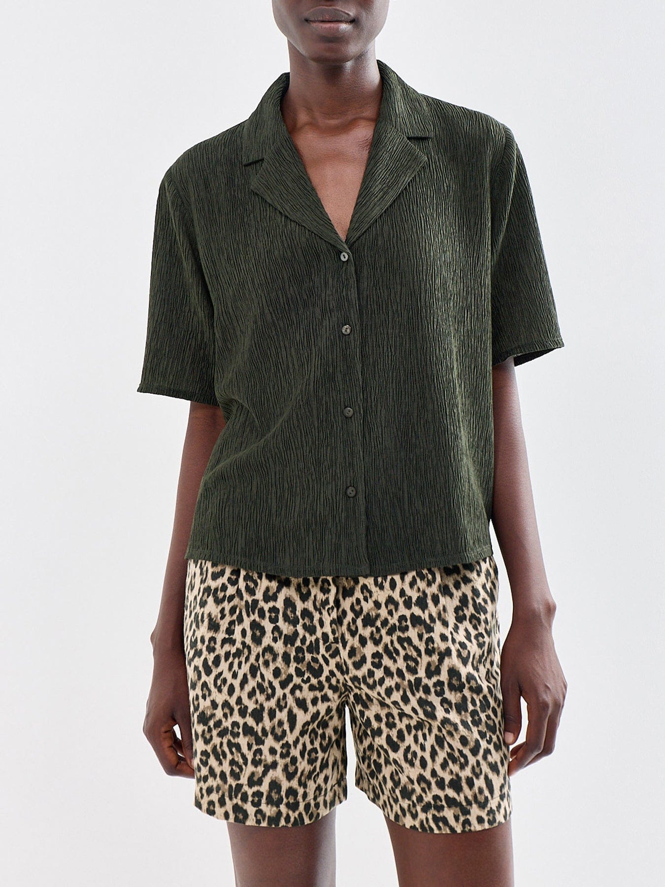Eileen Fisher Notch Collar Elbow Sleeve Shirt Green