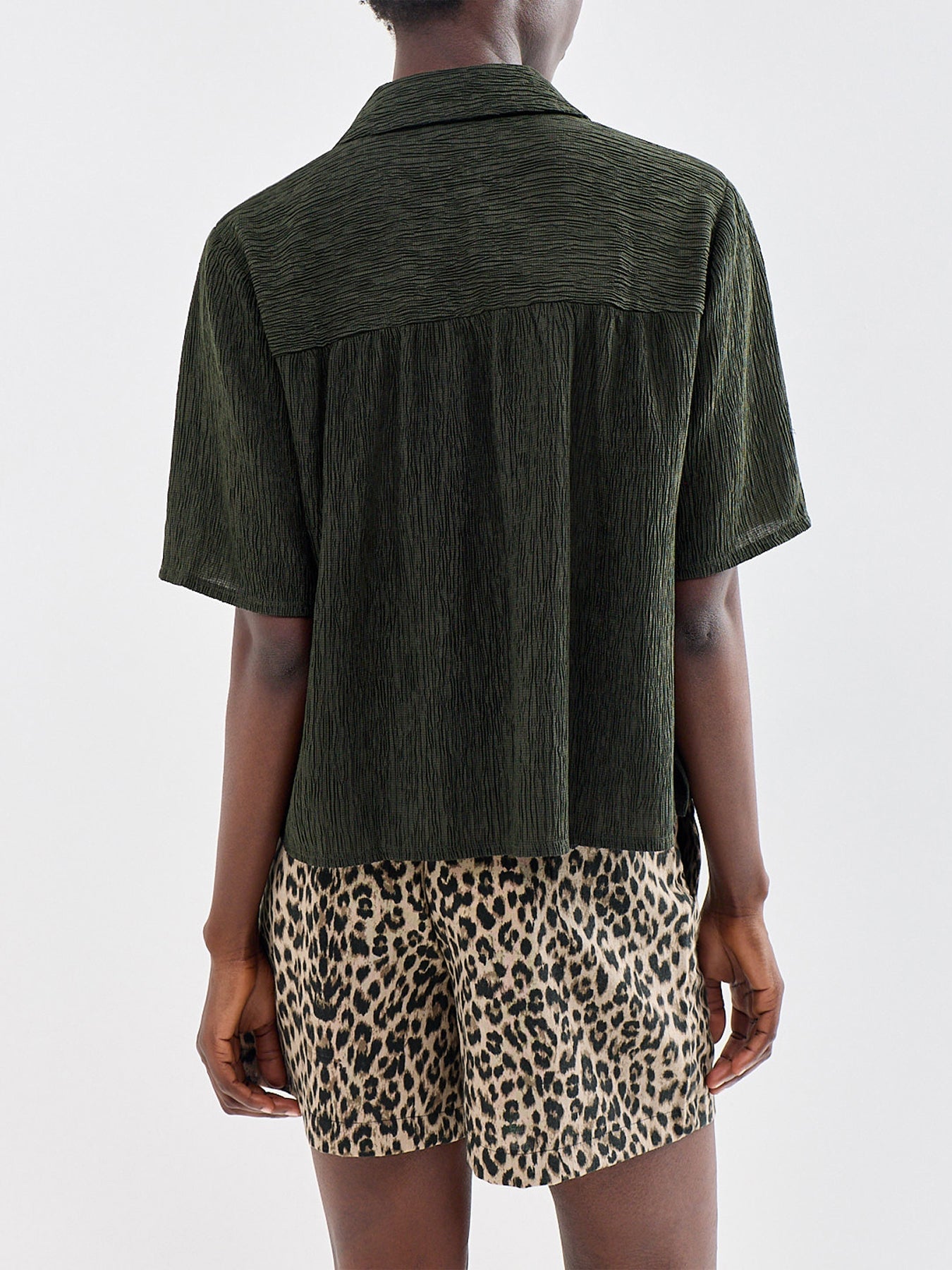 Eileen Fisher Notch Collar Elbow Sleeve Shirt Green