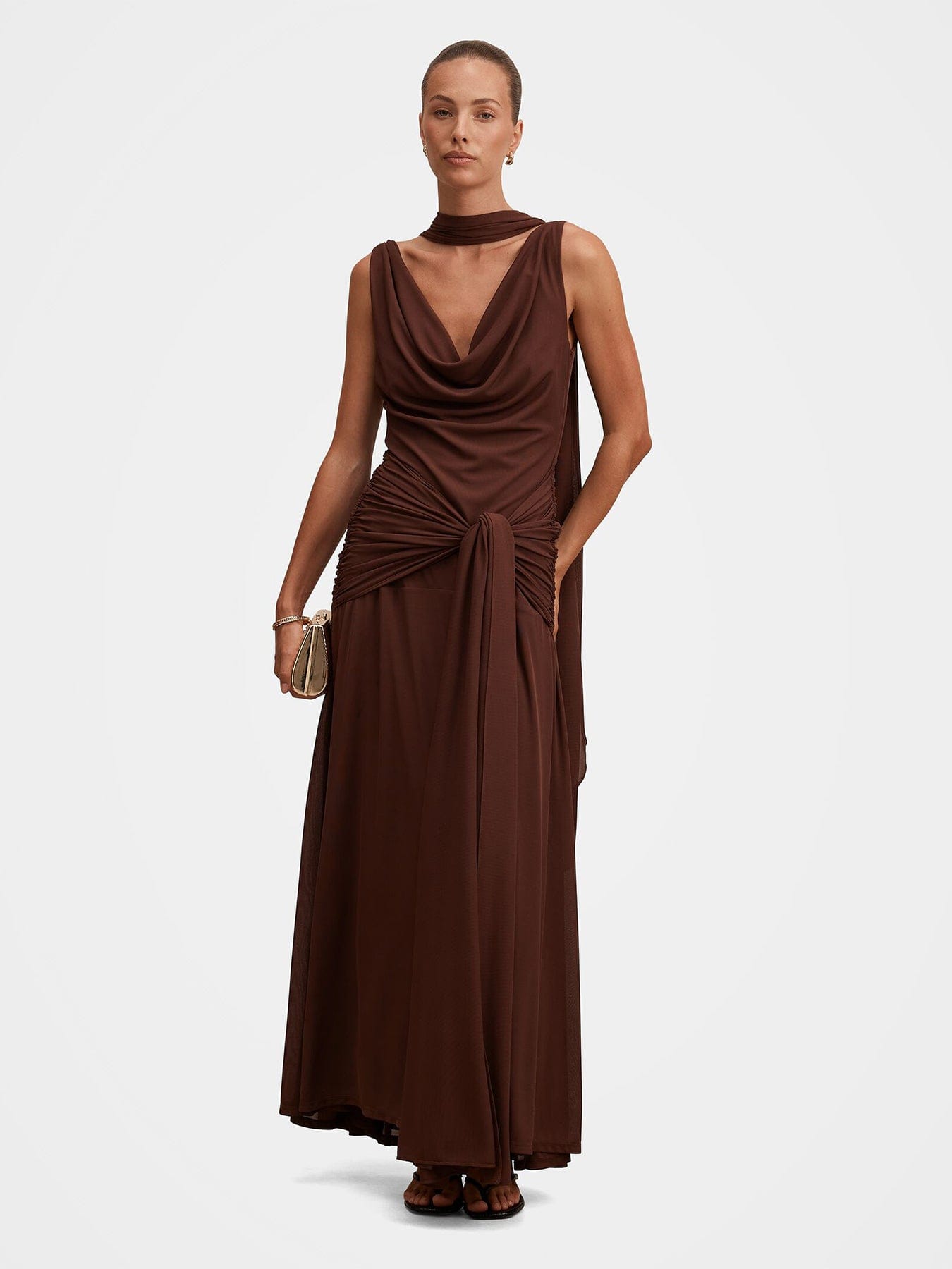 Forever New Vivianne Scarf Tie Maxi Dress Brown