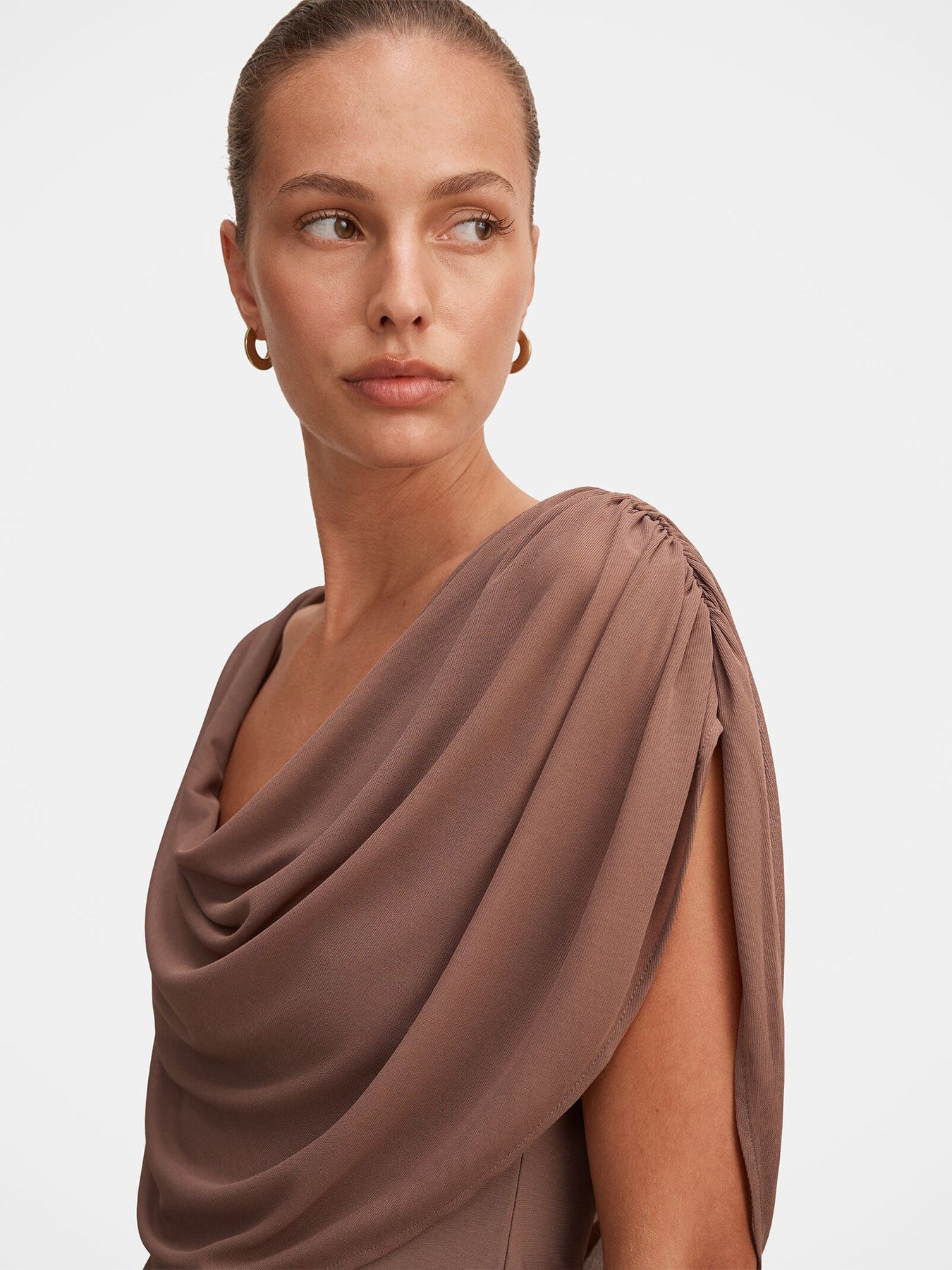 Forever New Olivia Draped Mesh Cape Blouse Brown