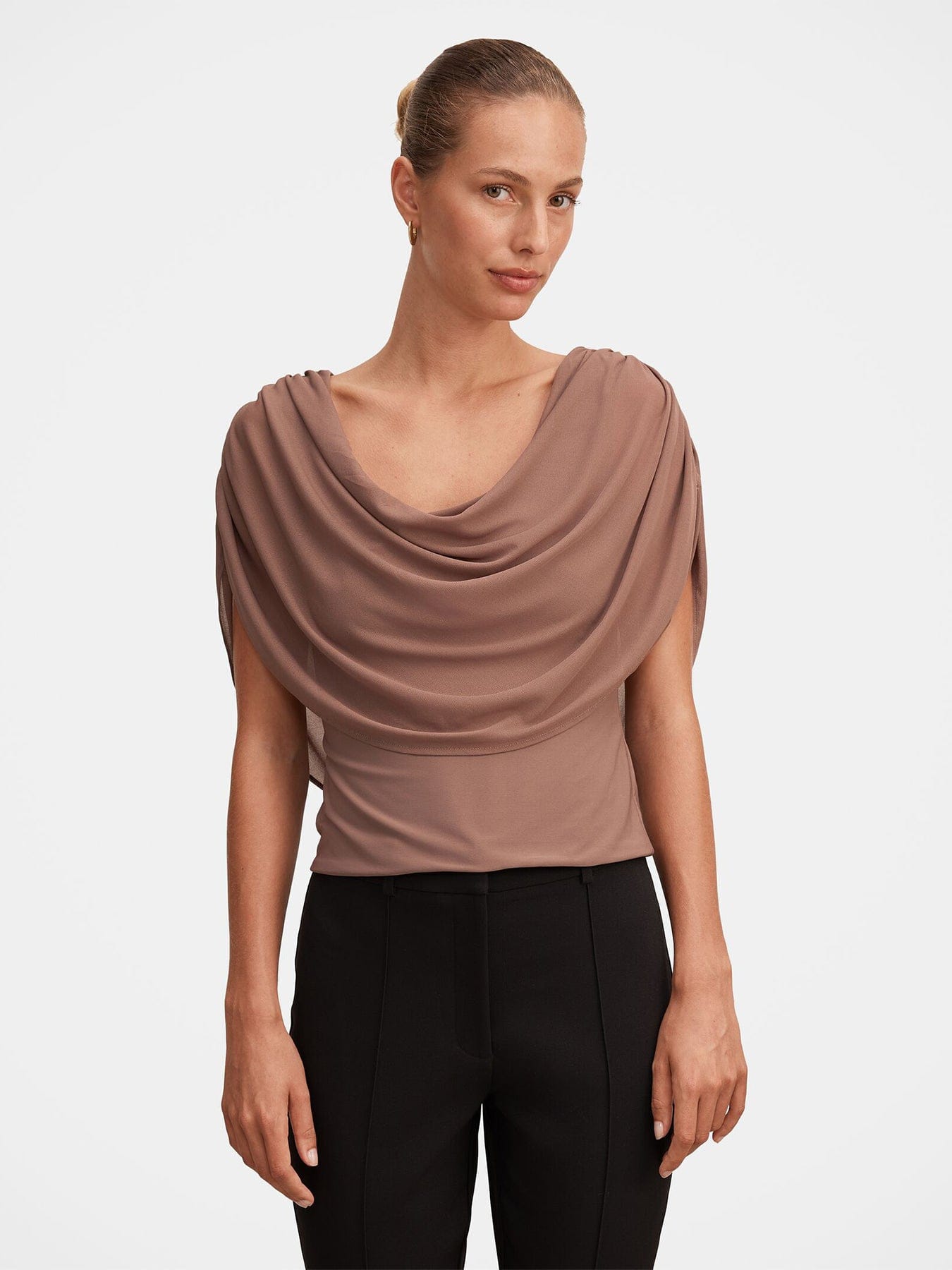 Forever New Olivia Draped Mesh Cape Blouse Brown