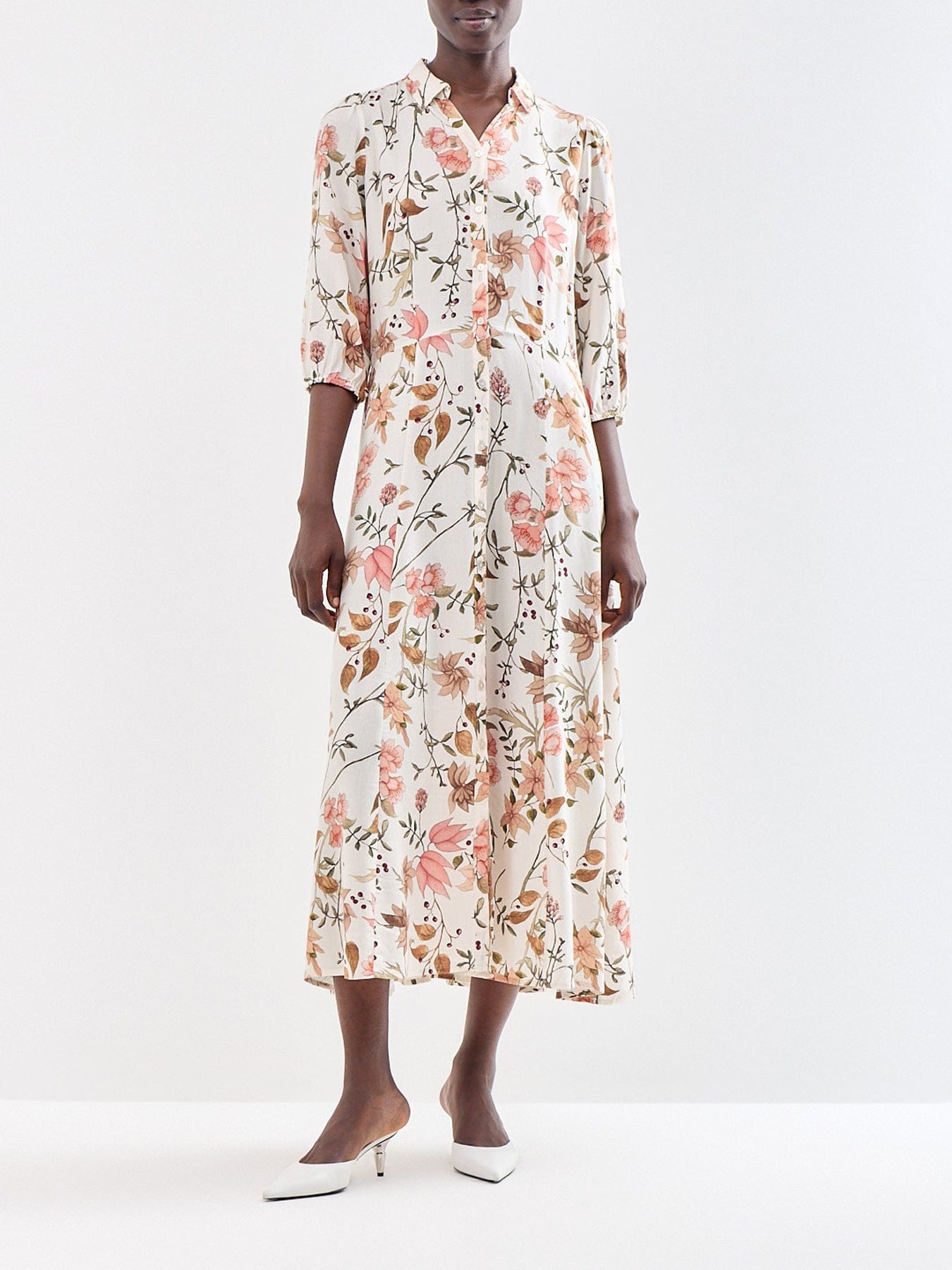 Soya Concept Grace 4 Floral Midi Shirt Dress Cream