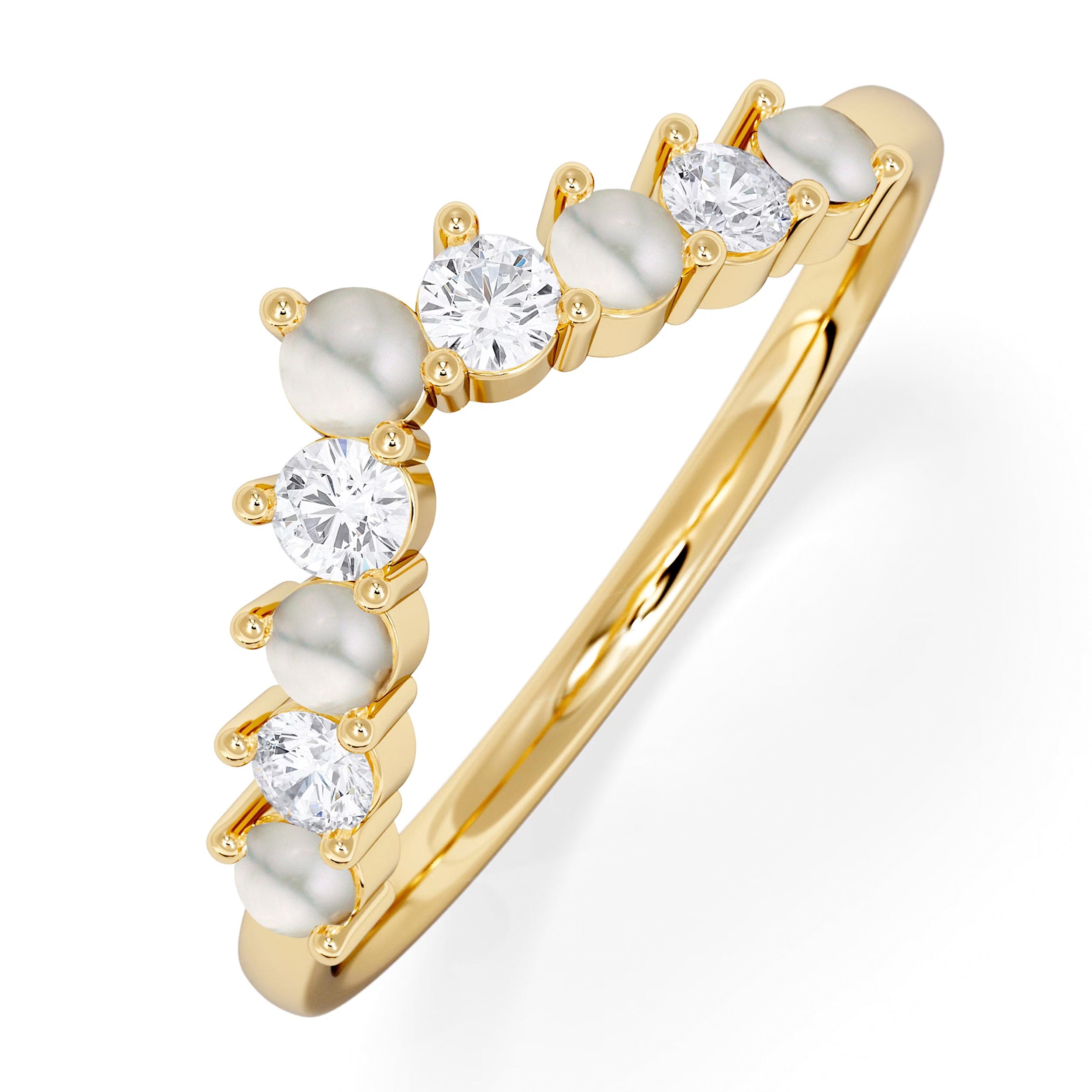 WISHBONE Starlit Pearl and Lab Diamond Wishbone Ring in 9K Yellow Gold