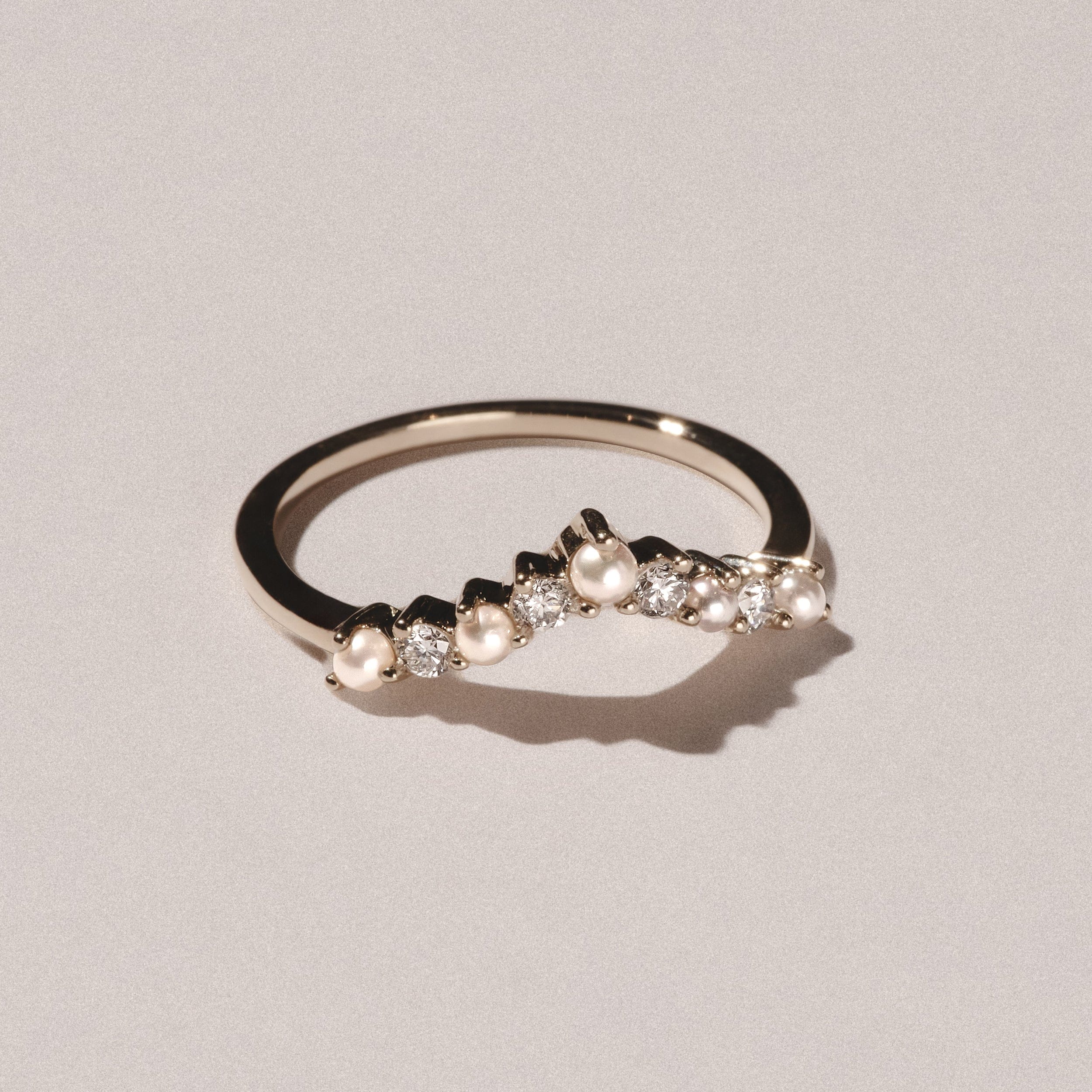 WISHBONE Starlit Pearl and Lab Diamond Wishbone Ring in 9K Yellow Gold