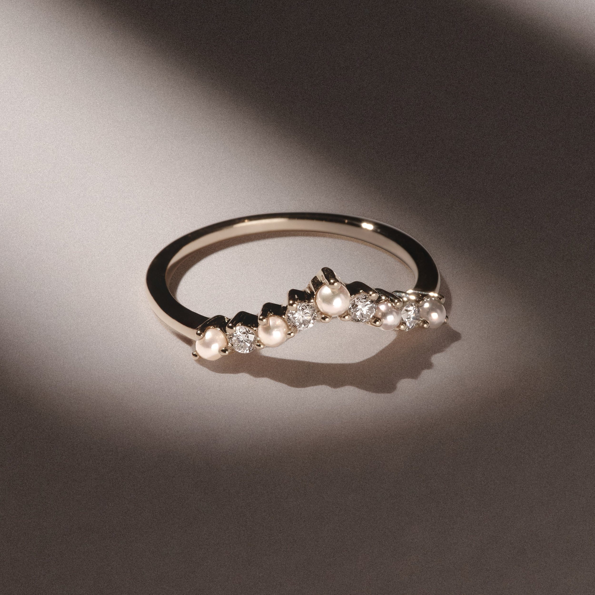 WISHBONE Starlit Pearl and Lab Diamond Wishbone Ring in 9K Yellow Gold