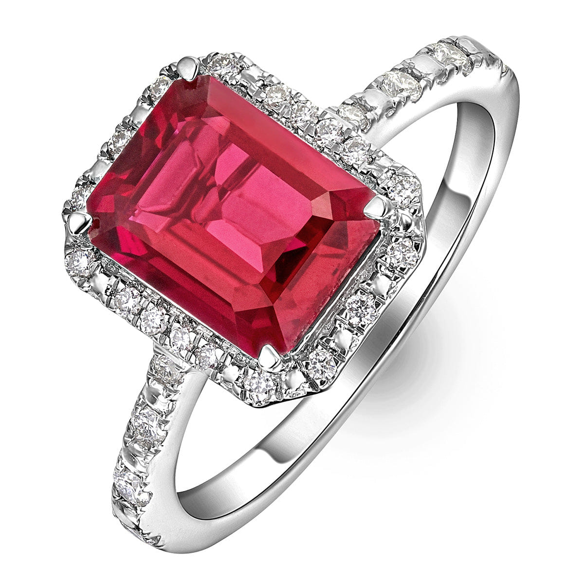 Diamond Astra 1.90ct Lab Ruby and Diamond Halo Shoulder Set Octagon Cut Ring in Silver