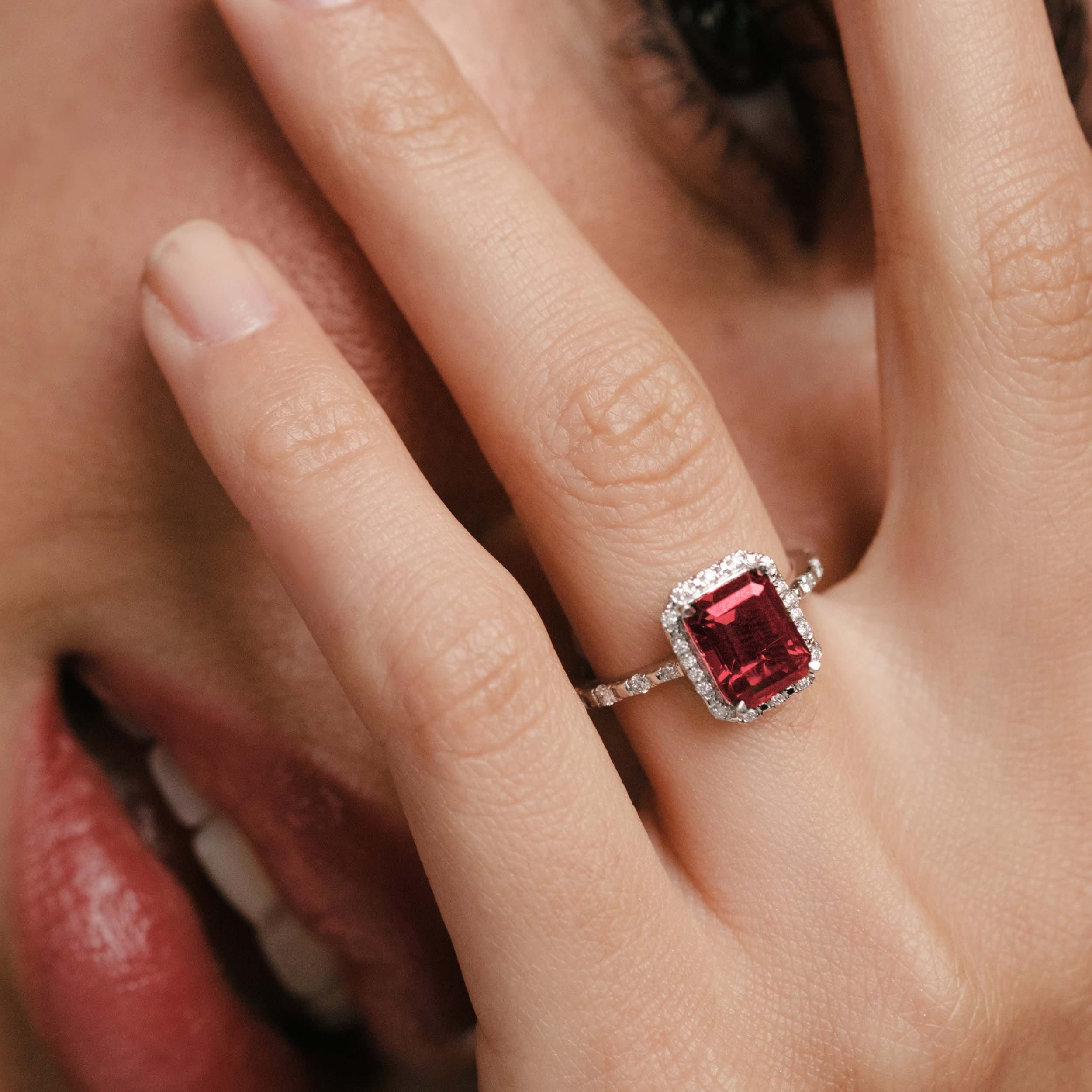 Diamond Astra 1.90ct Lab Ruby and Diamond Halo Shoulder Set Octagon Cut Ring in Silver