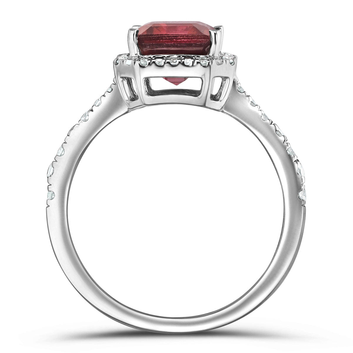 Diamond Astra 1.90ct Lab Ruby and Diamond Halo Shoulder Set Octagon Cut Ring in Silver
