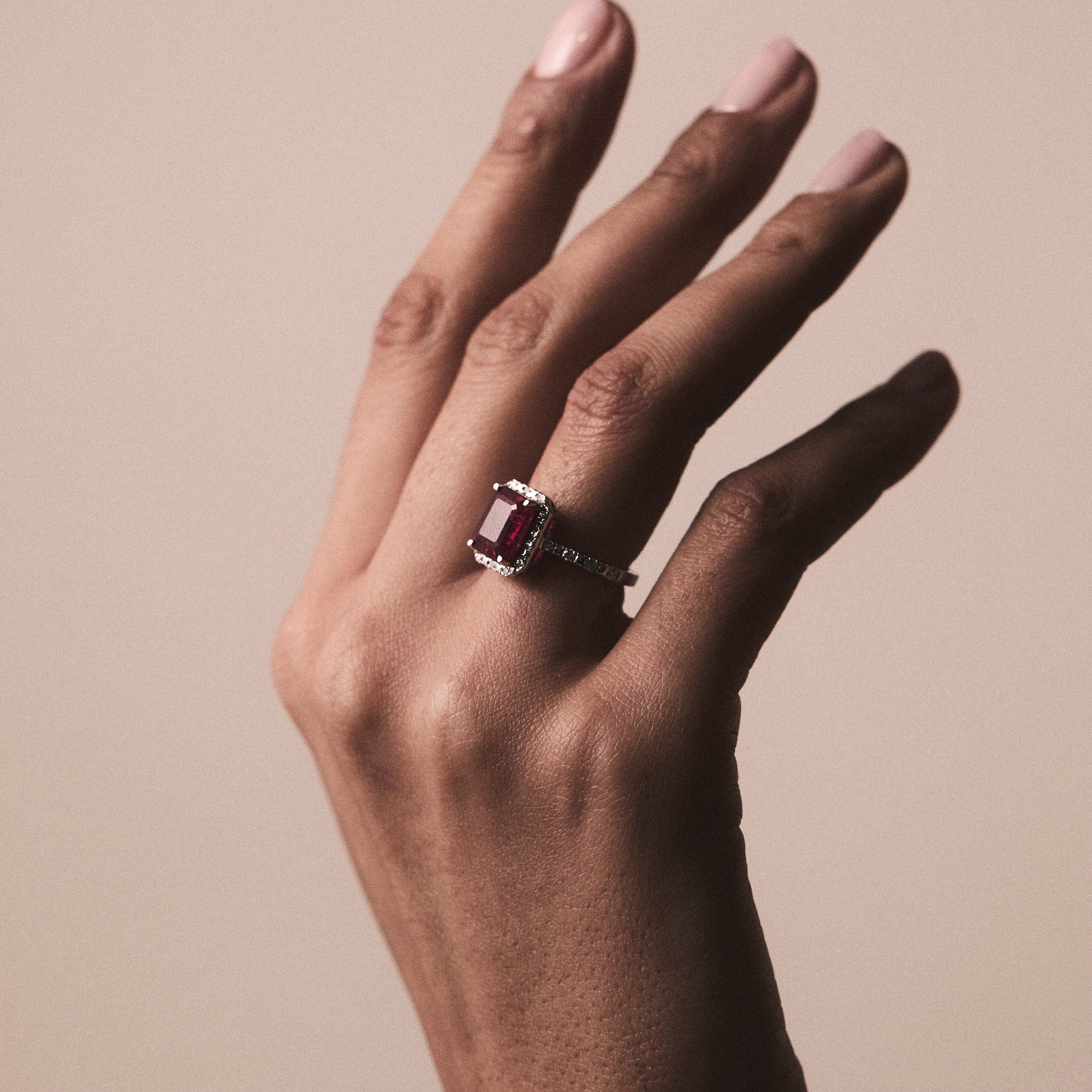 Diamond Astra 1.90ct Lab Ruby and Diamond Halo Shoulder Set Octagon Cut Ring in Silver