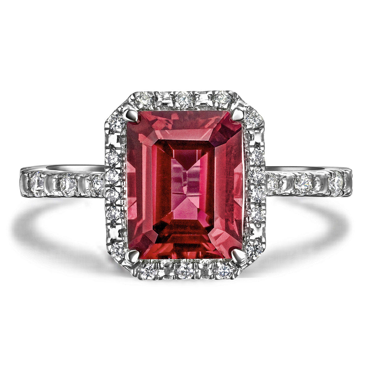 Diamond Astra 1.90ct Lab Ruby and Diamond Halo Shoulder Set Octagon Cut Ring in Silver